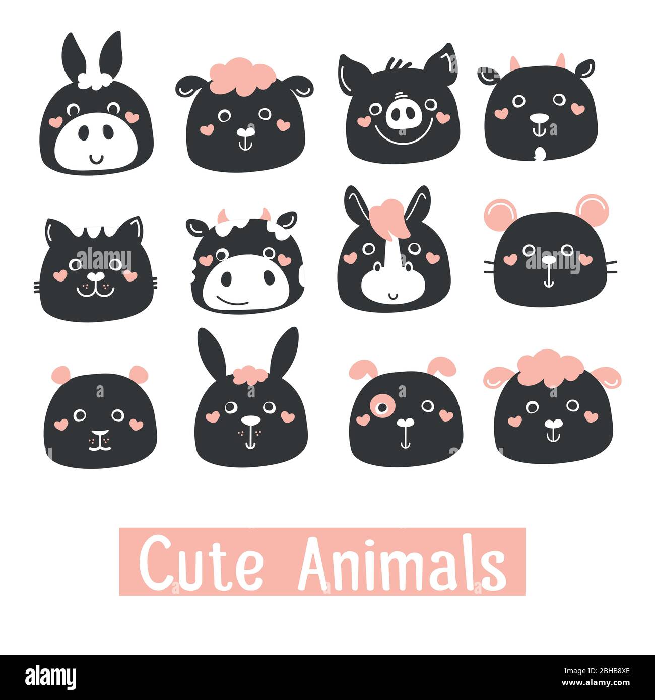 Great set of black and white vector farm animals sheep, cat, dog, mouse, donkey, rabbit. Stock Vector