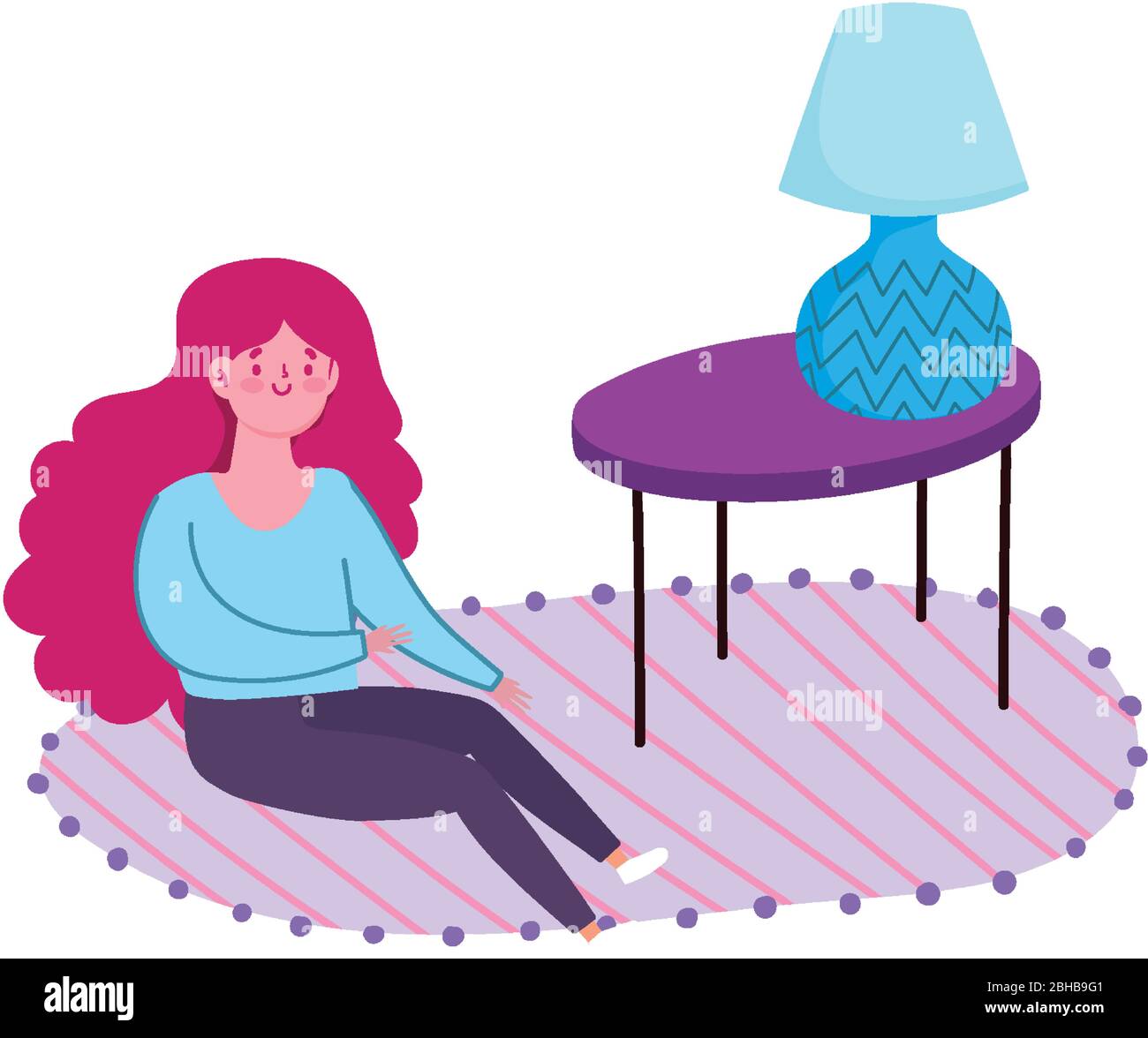 woman sitting in floor with table lamp room, quarantine stay at home ...