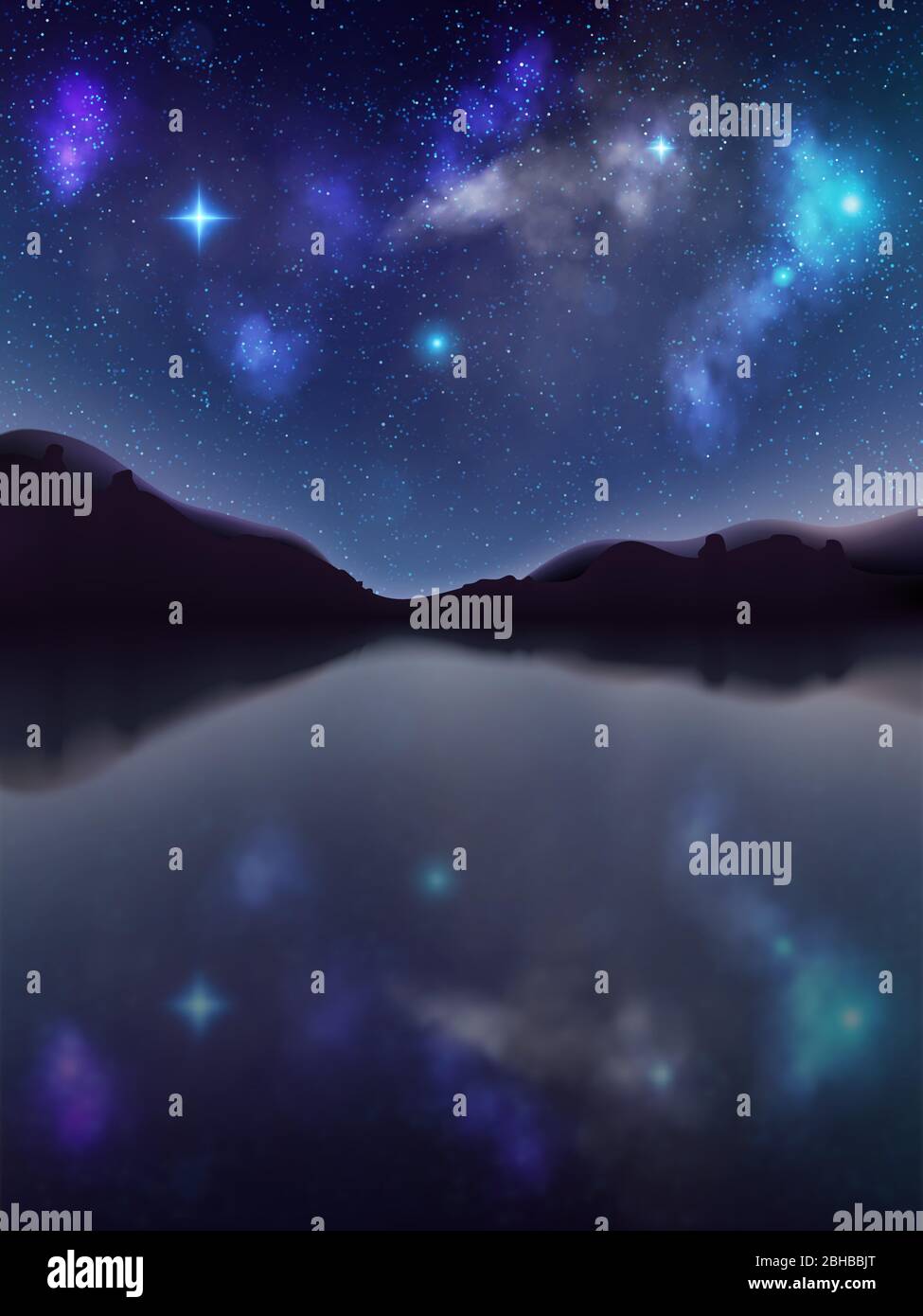 Night landscape with dark silhouettes of mountains and sky with stars ...