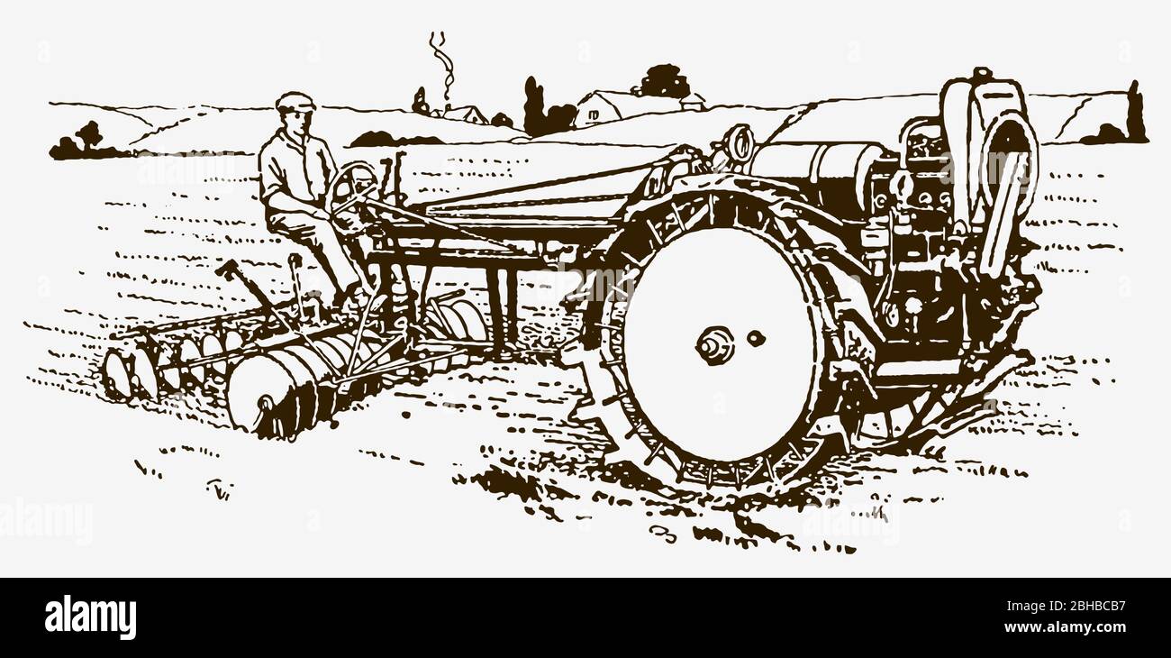 Historical farmer driving a tractor plow in a field in side view ...