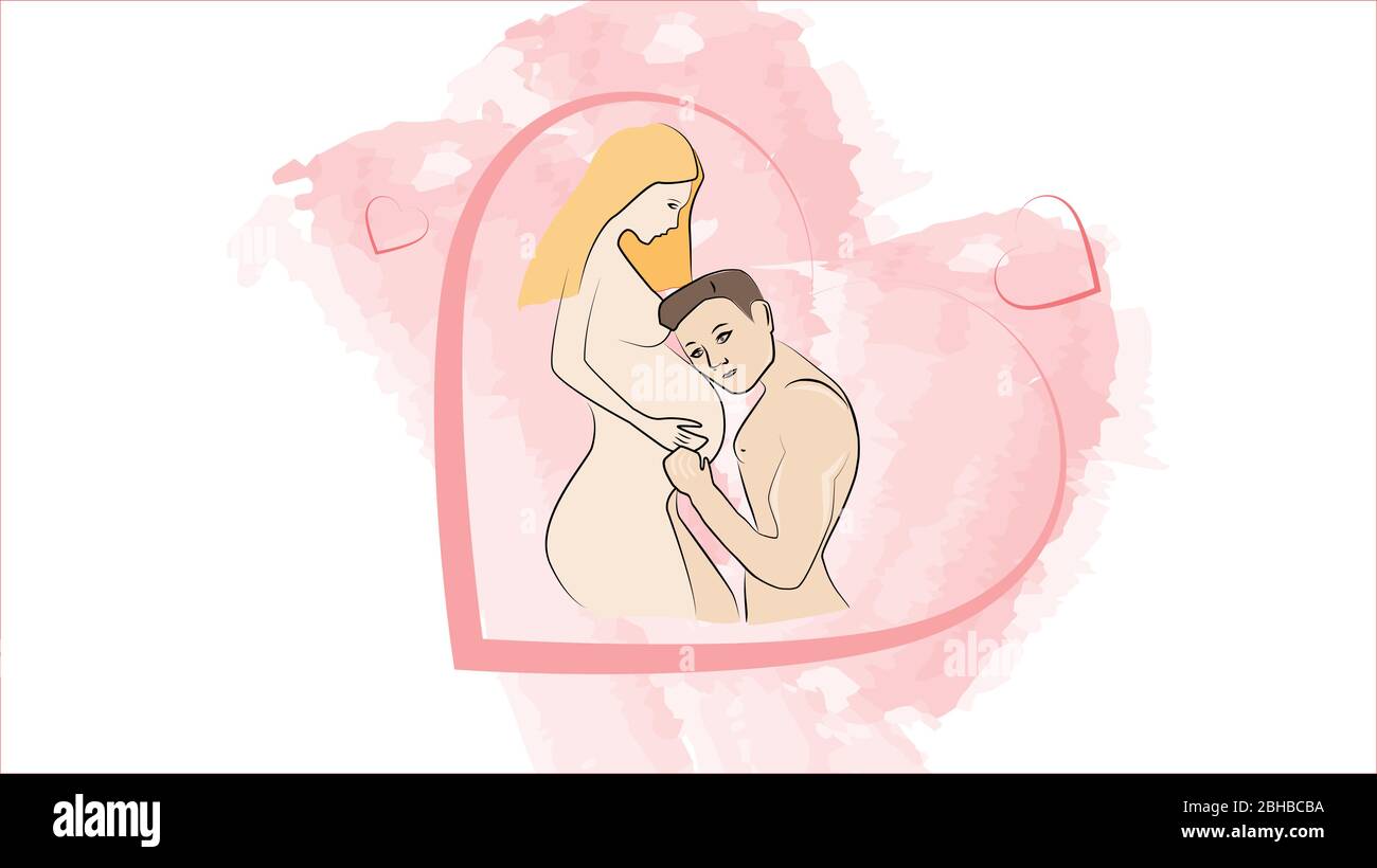 Pregnant girl with a big belly. Naked girl A man hugs the belly of his beloved woman. Stock Vector
