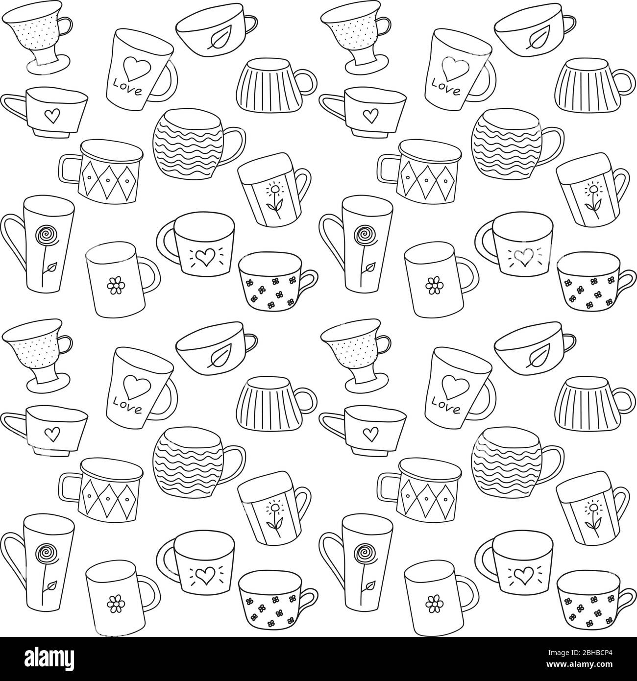 seamless vector pattern with tea cups, black on white background ...