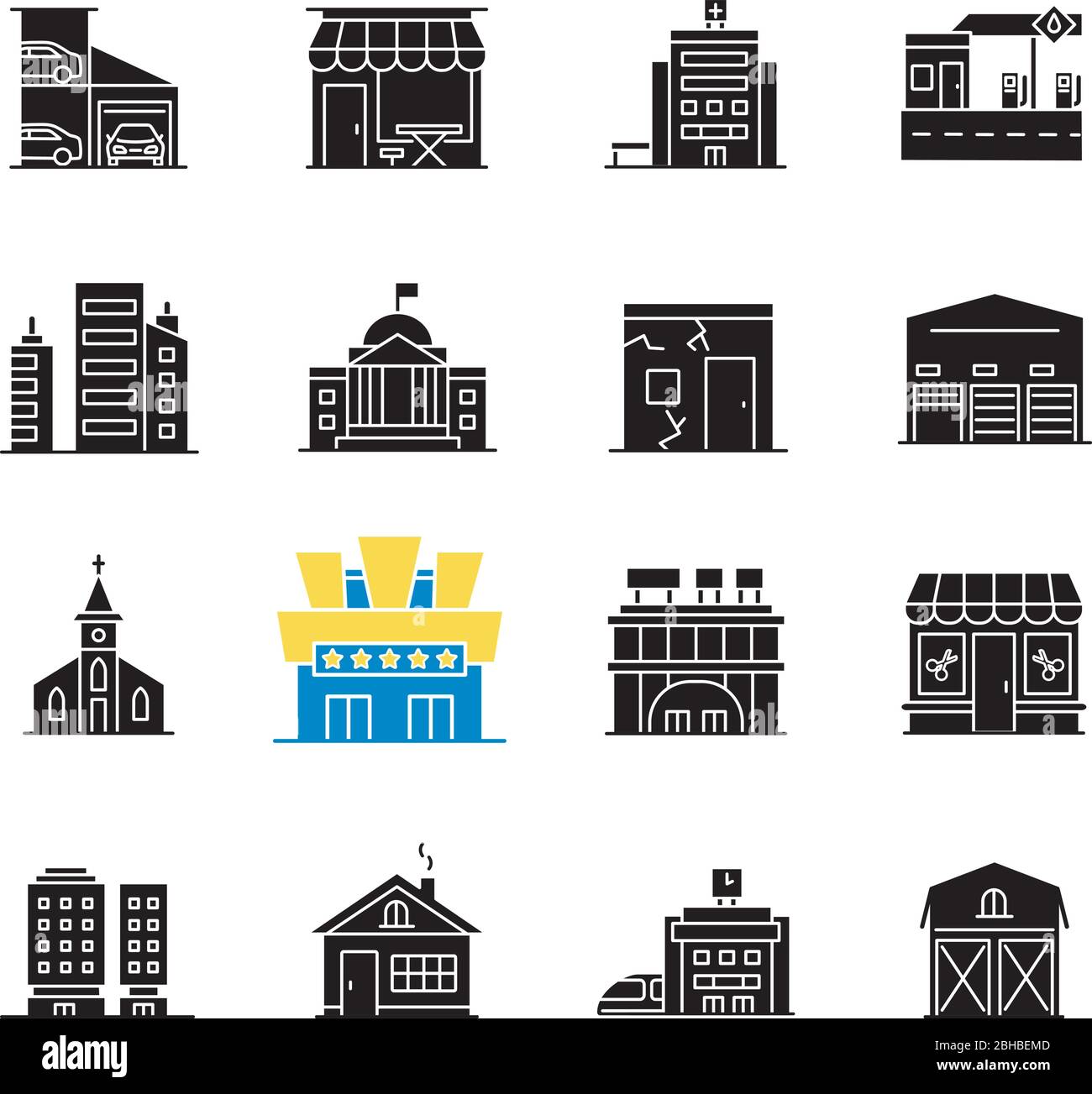 Industrial buildings fronts black glyph icons set on white space Stock ...
