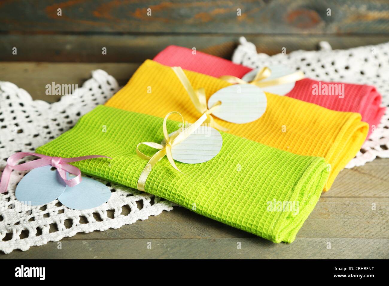 Napkins with Easter decorations  on wooden background Stock Photo