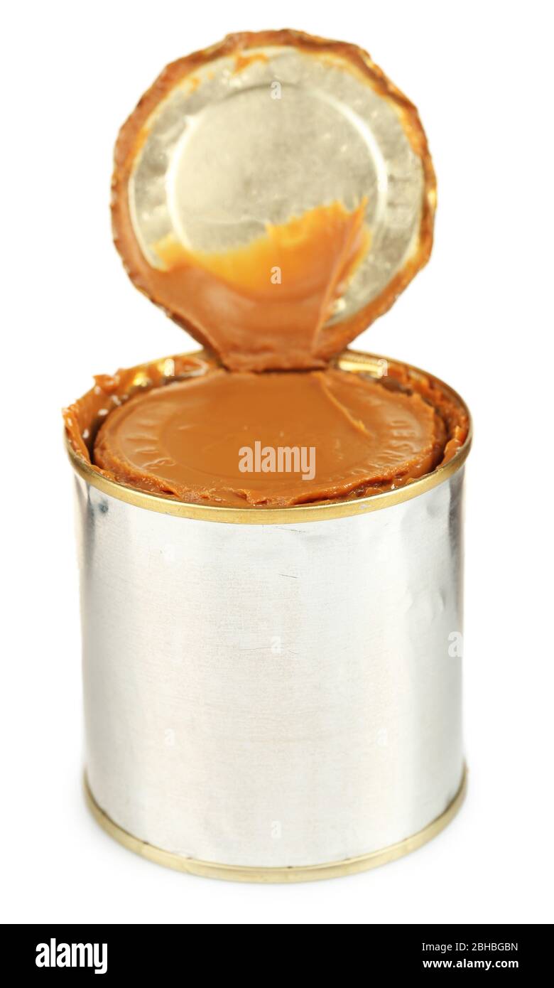 Can of boiled condensed milk isolated on white Stock Photo Alamy