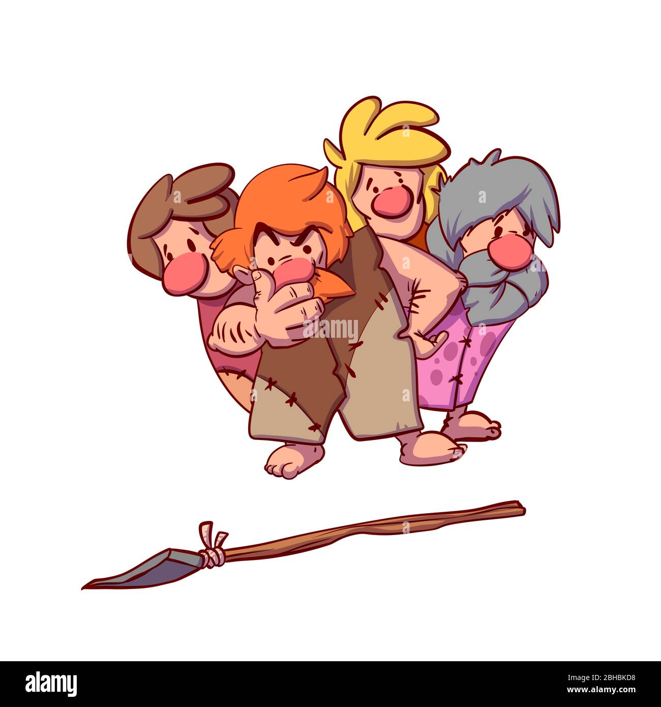 Colorful vector illustration of a group of cavemen wondering about a spear Stock Vector
