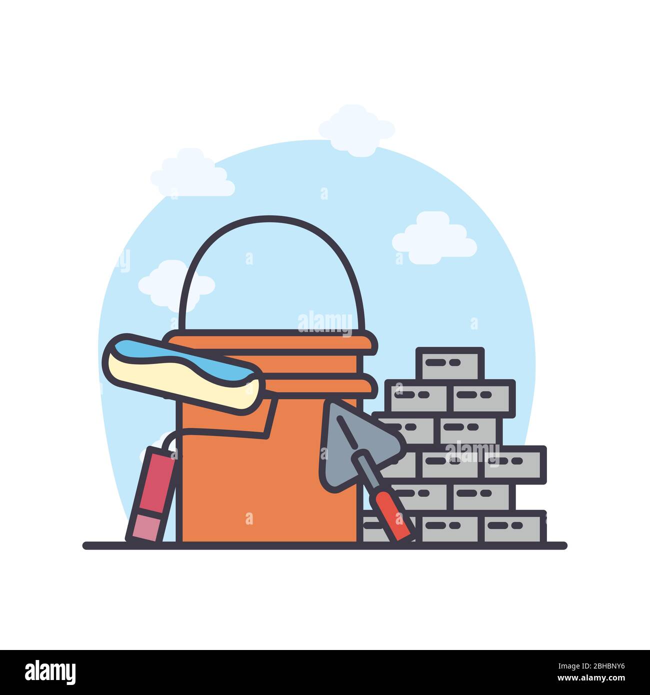 bucket paint roll bricks and spatula design of Construction working ...