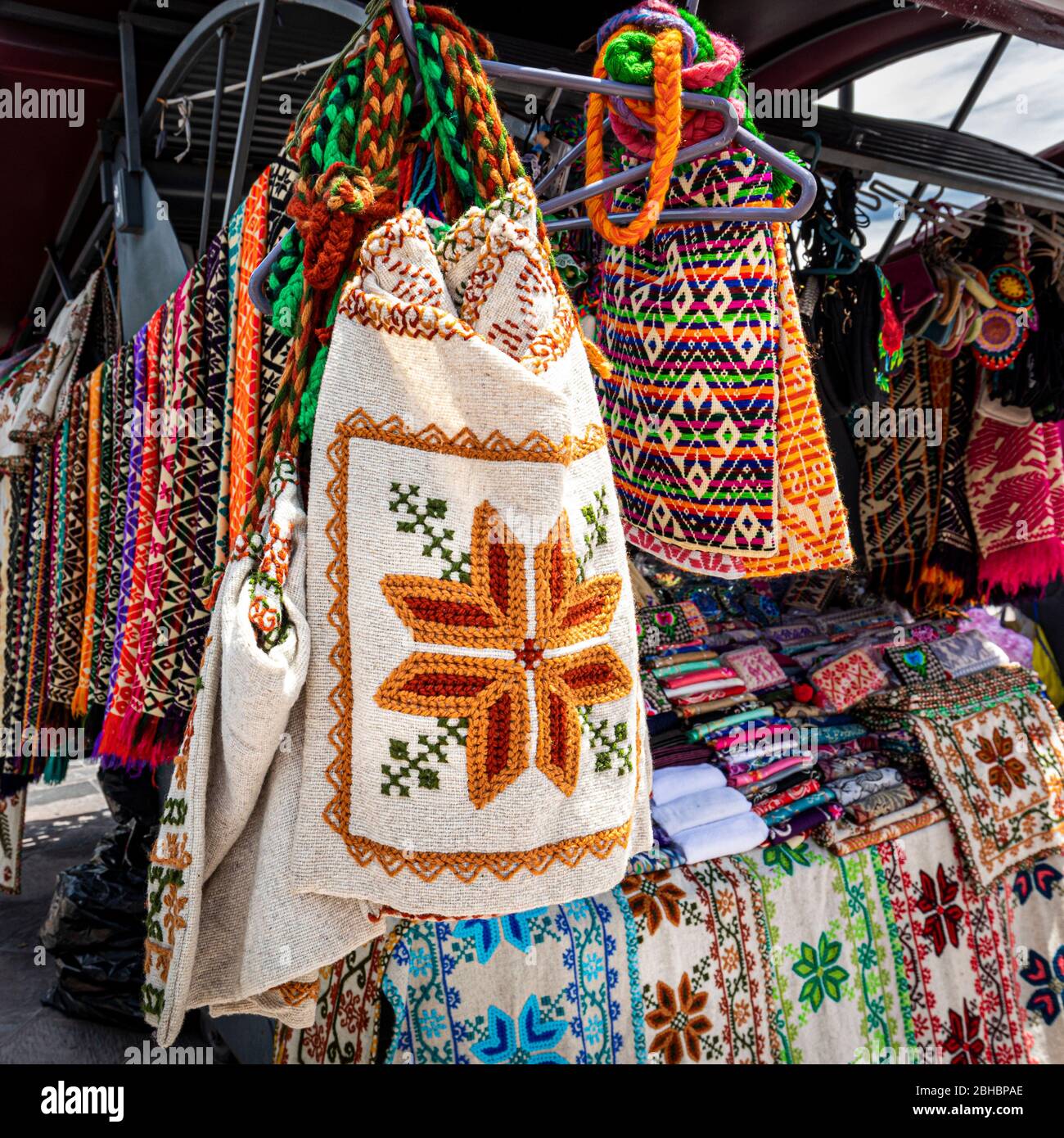 Hand made tote bags for sale in a street market in Queretaro, Mexico. Stock Photo