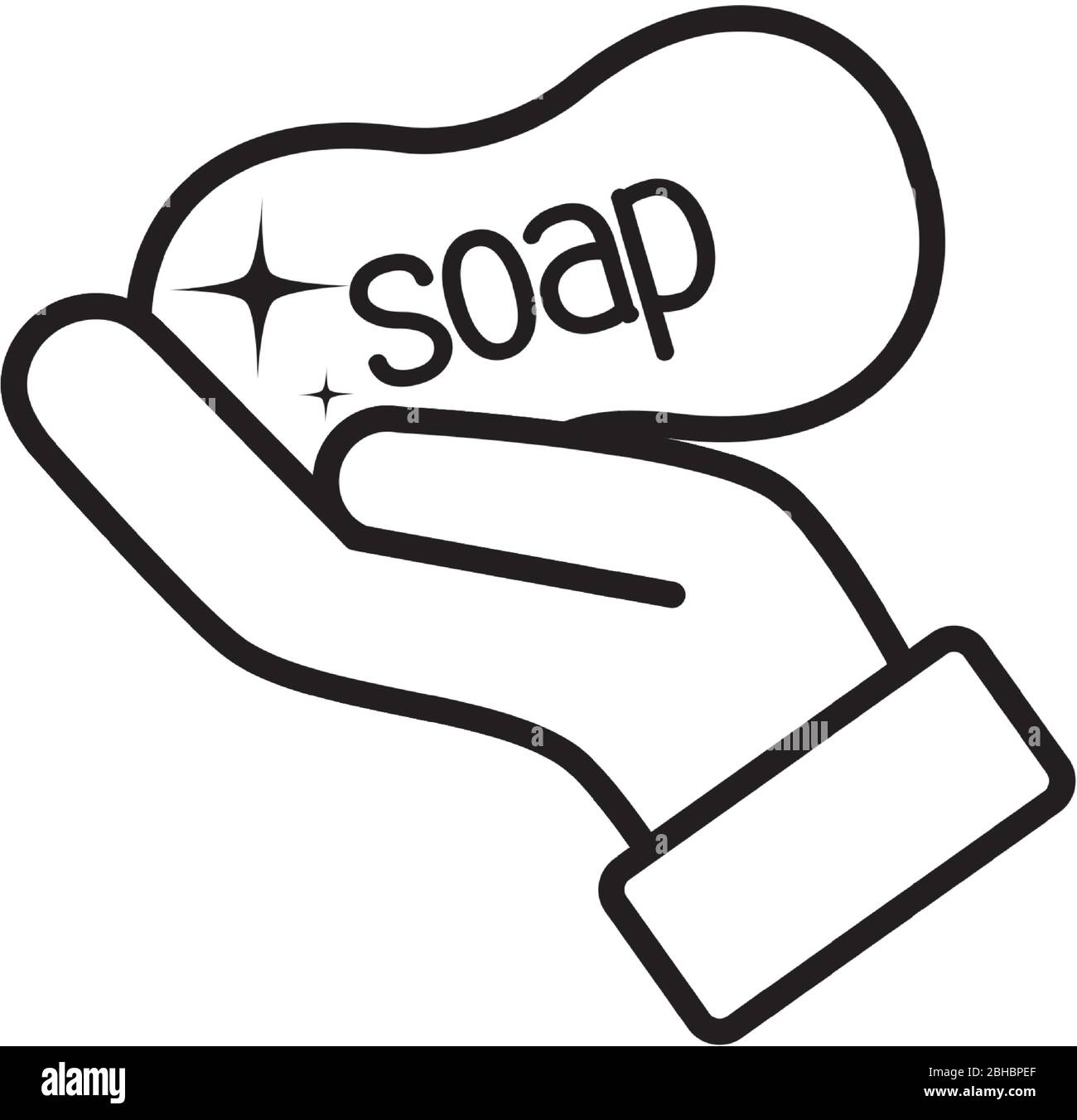 hand with soap bar icon over white background, line style, vector ...