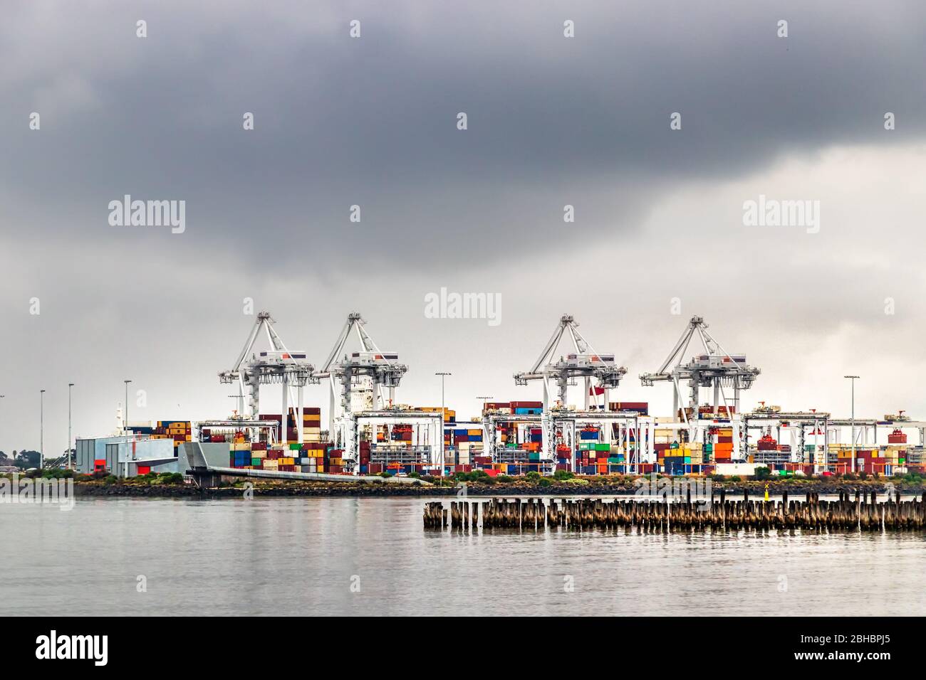 View of the cranes and shipping containers at Port Phillips, Princess