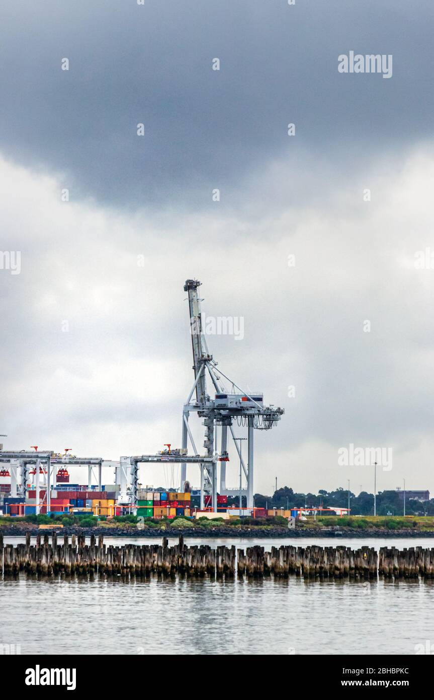 View of the cranes and shipping containers at Port Phillips, Princess