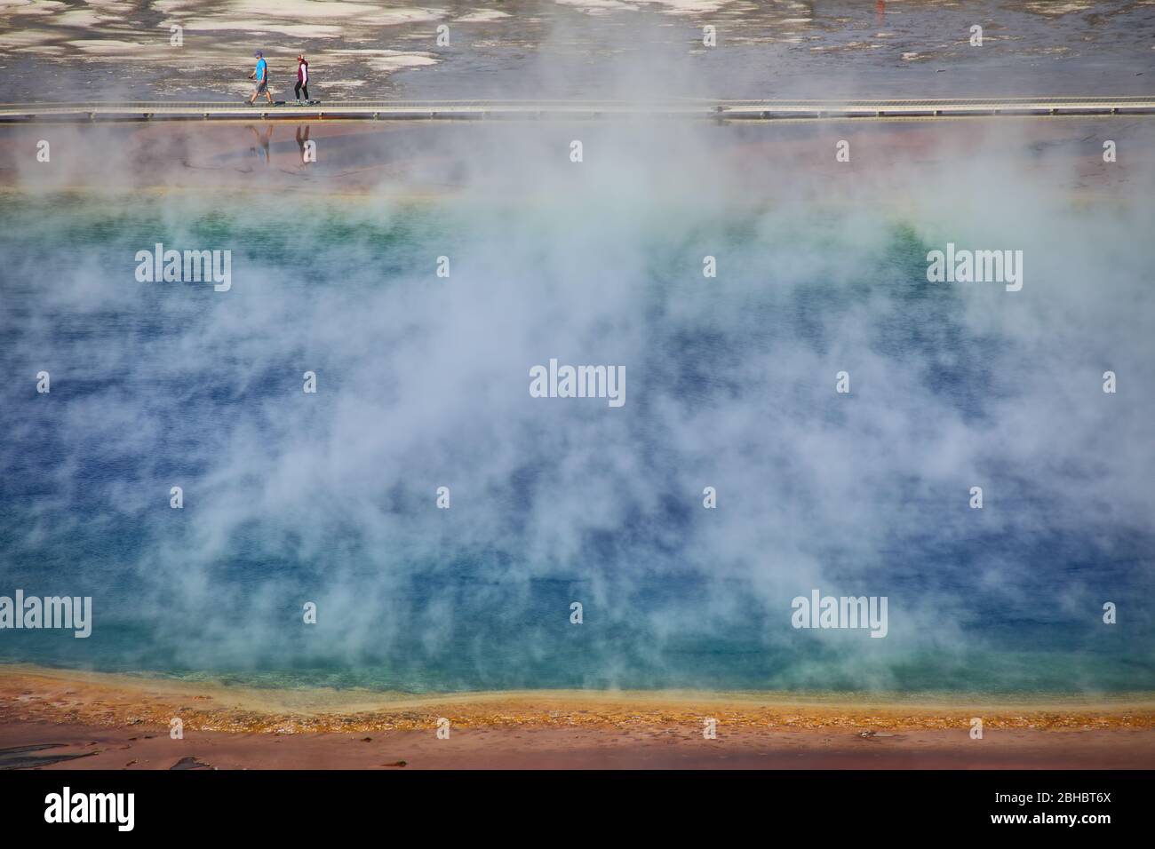 Close-up aerial view of Grand Prismatic Spring in Midway Geyser Basin, Yellowstone National Park, Wyoming, USA. It is the largest hot spring in the Un Stock Photo