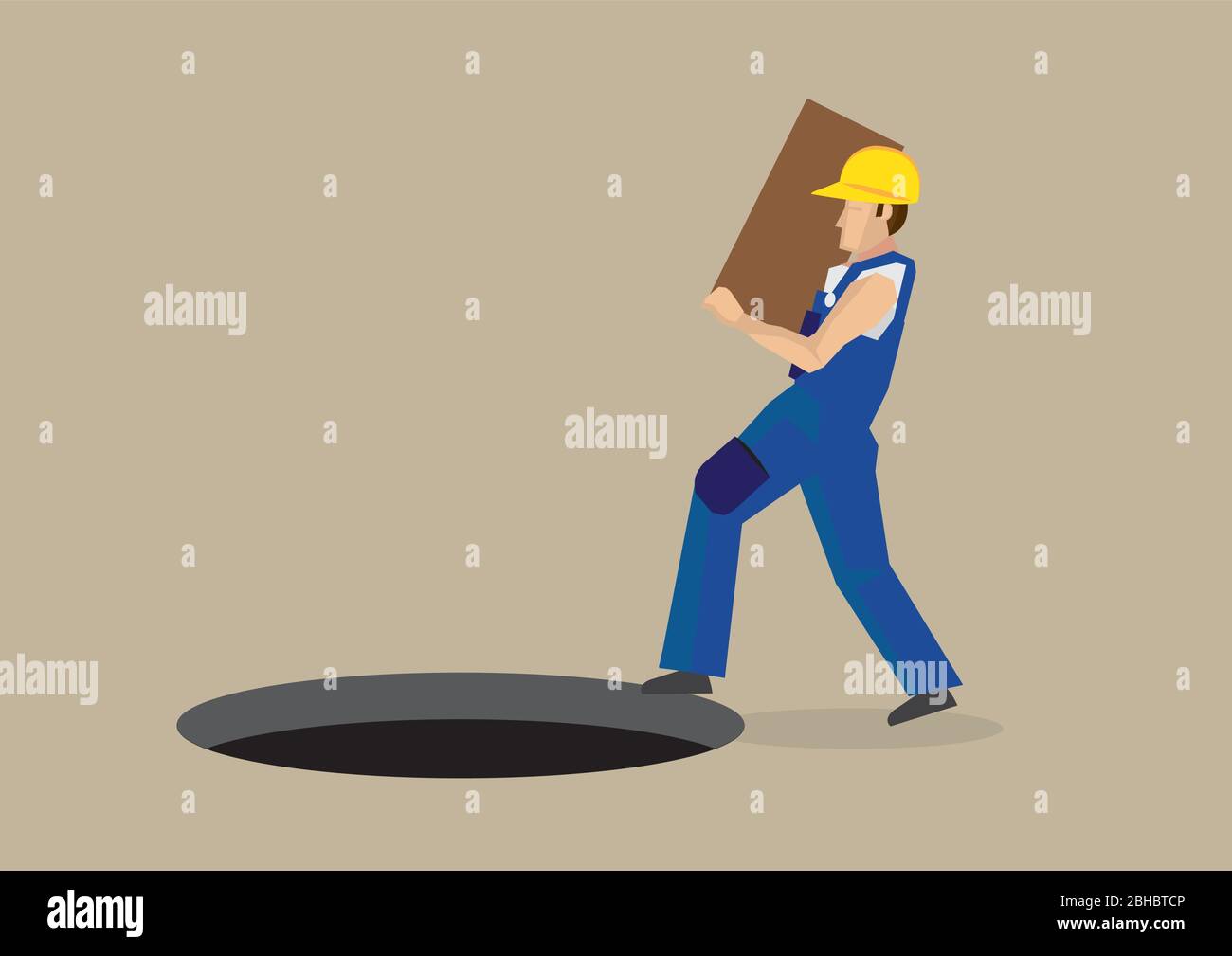 Worker carrying a box walking right into a exposed manhole on the ground in front of him. Vector illustration for workplace hazards concept isolated o Stock Vector