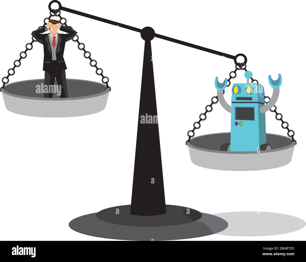 Human and robot on the weighting scale. Depicts automation, future job market and artificial intelligence bringing danger to the human workforce. Conc Stock Vector