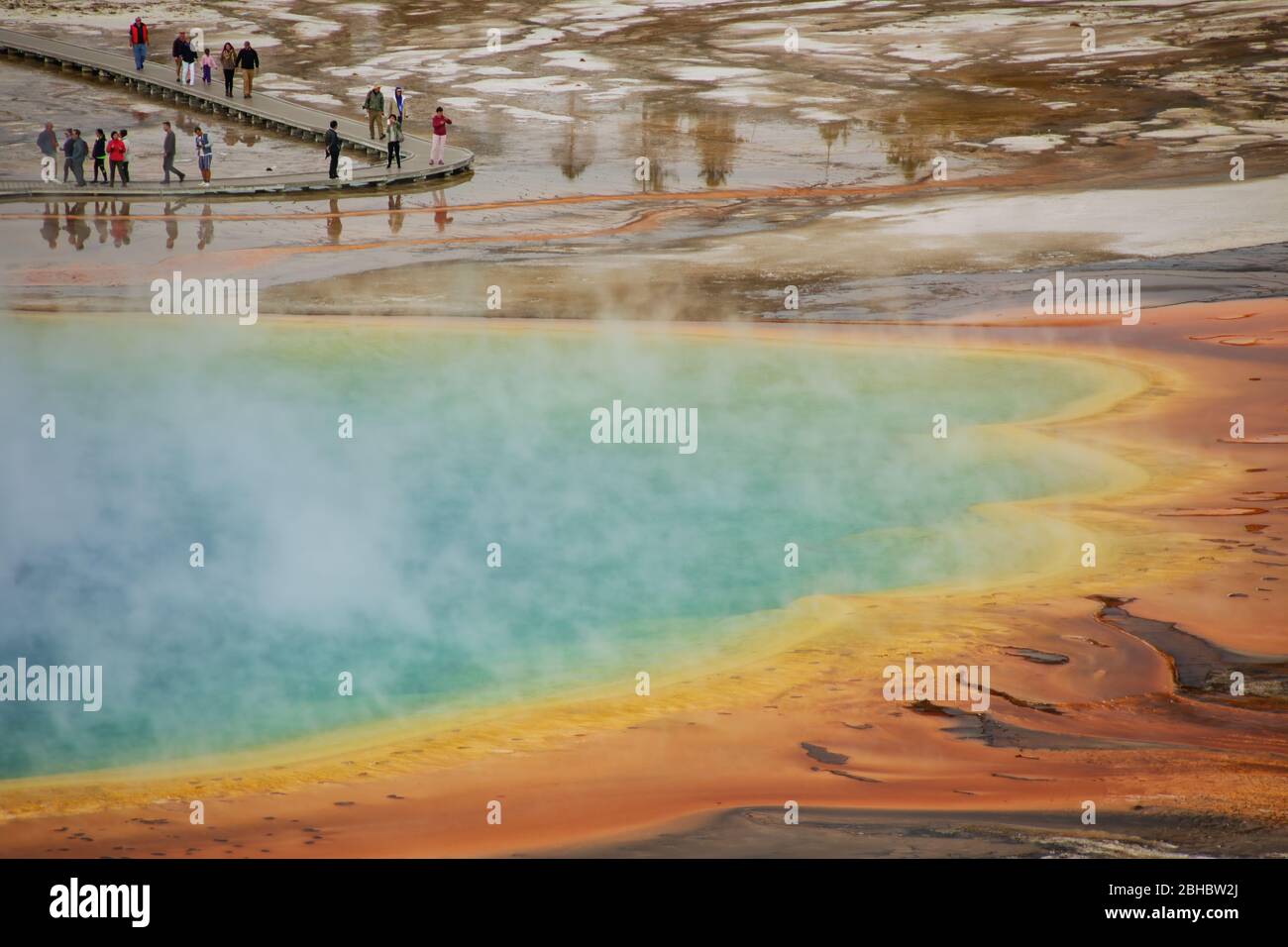 Close-up aerial view of Grand Prismatic Spring in Midway Geyser Basin, Yellowstone National Park, Wyoming, USA. It is the largest hot spring in the Un Stock Photo