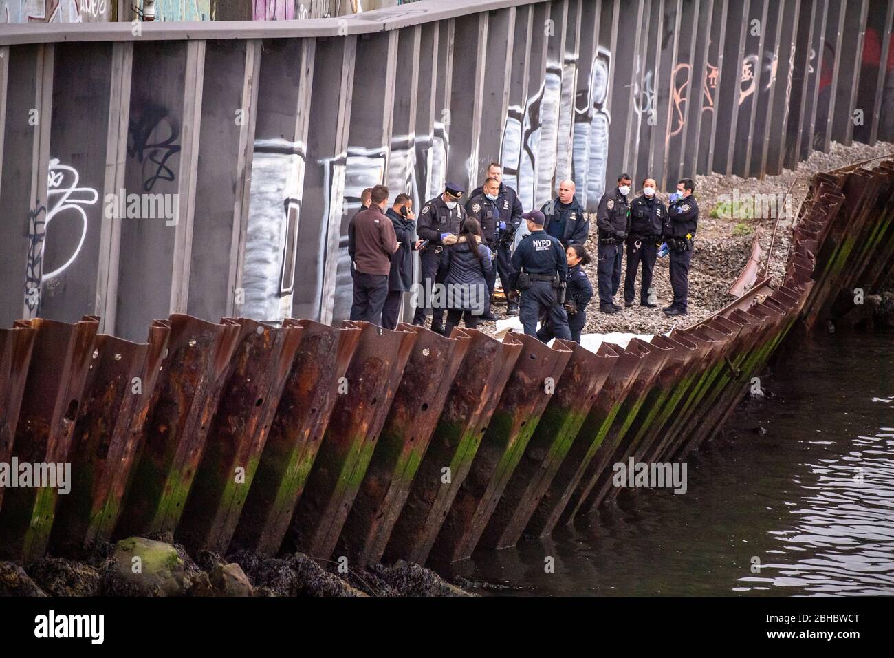 NEW YORK, NY – APRIL 24, 2020: Police investigate suicide of FDNY EMT John Mondello who was overwhelmed by the cornavirus pandemic. Stock Photo