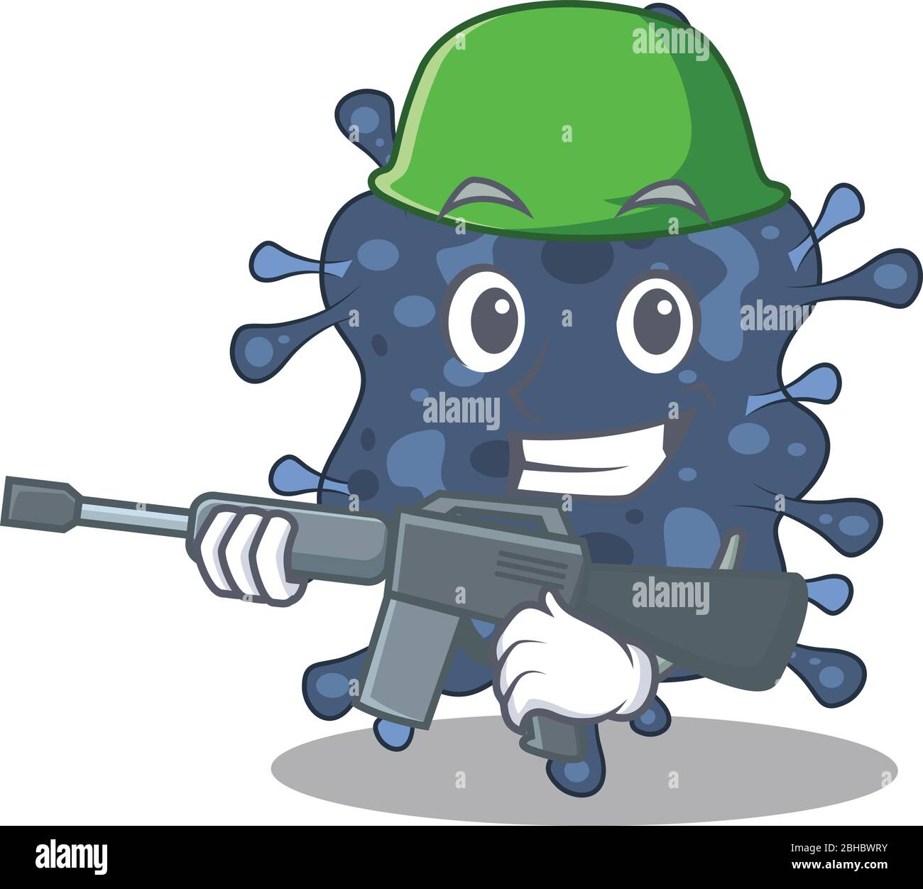 A cartoon picture of bacteria neisseria in Army style with machine gun Stock Vector