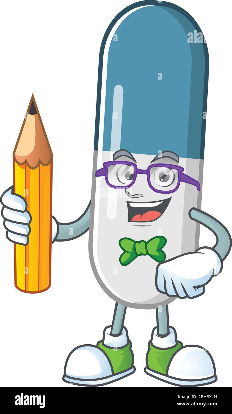 Vitamin pills student cartoon character studying with pencil Stock ...