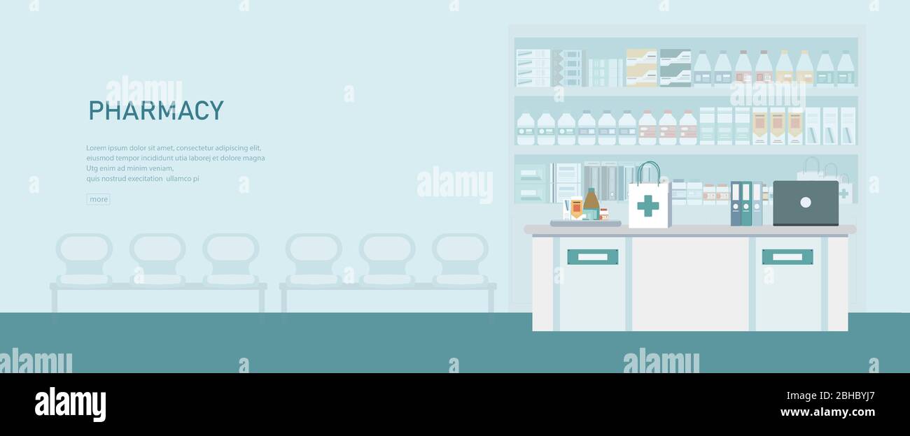 Medical banner with pharmacy counter and waiting area vector illustration Stock Vector
