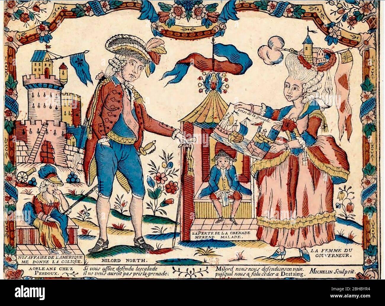 Poster. Lord (or 'milord') North and the governor's wife (from Grenada). French propaganda print after the French victory in Grenada in 1779 during the American Revolutionary War. Left: Prime Minister, Lord North, lowering his head to the wife of the governor Grenada, who shows him a picture of the capture of Grenada by the French. Seated in the center: the King of England: 'The loss of Grenada makes me sick.' Seated at left, Albion (Britannia): 'Our business of America gives me the colic.' Below: Lord North, 'If you had defended against the climbing (of the walls with ladders), he would not h Stock Photo