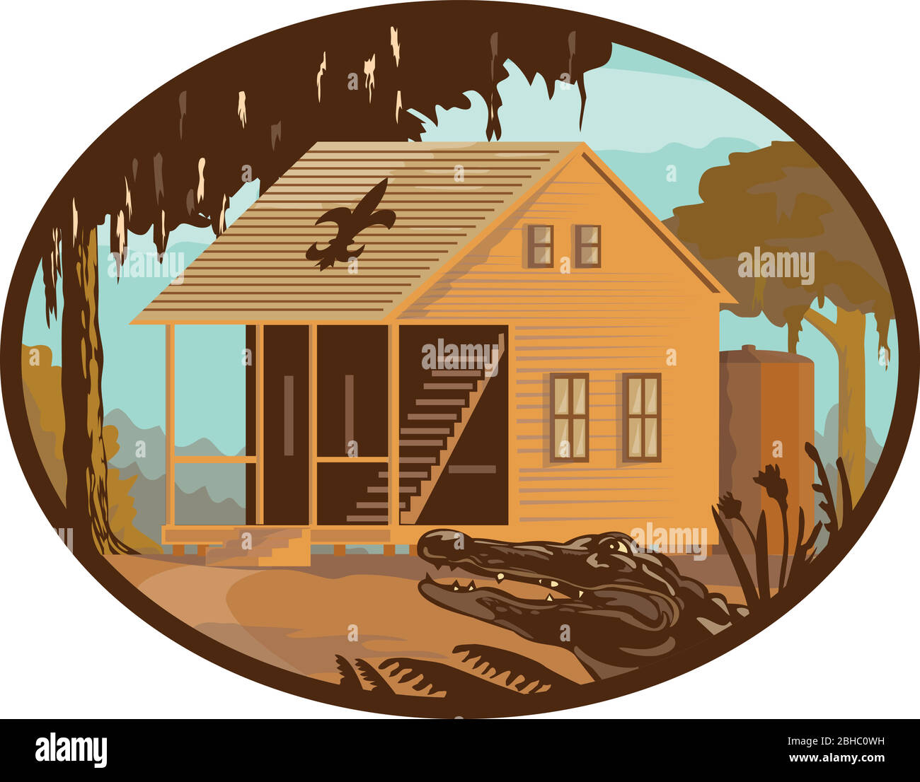 Retro wpa style illustration of a typical Cajun house, a country French architecture found in Louisiana and across the American southeast and alligato Stock Vector