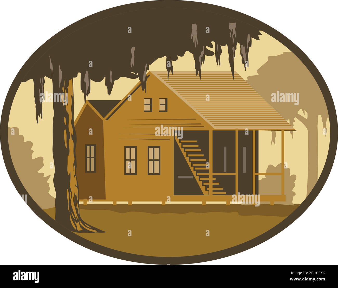 Retro wpa style illustration of a typical Cajun house, a country French architecture found in Louisiana and across the American southeast, maritime Ca Stock Vector