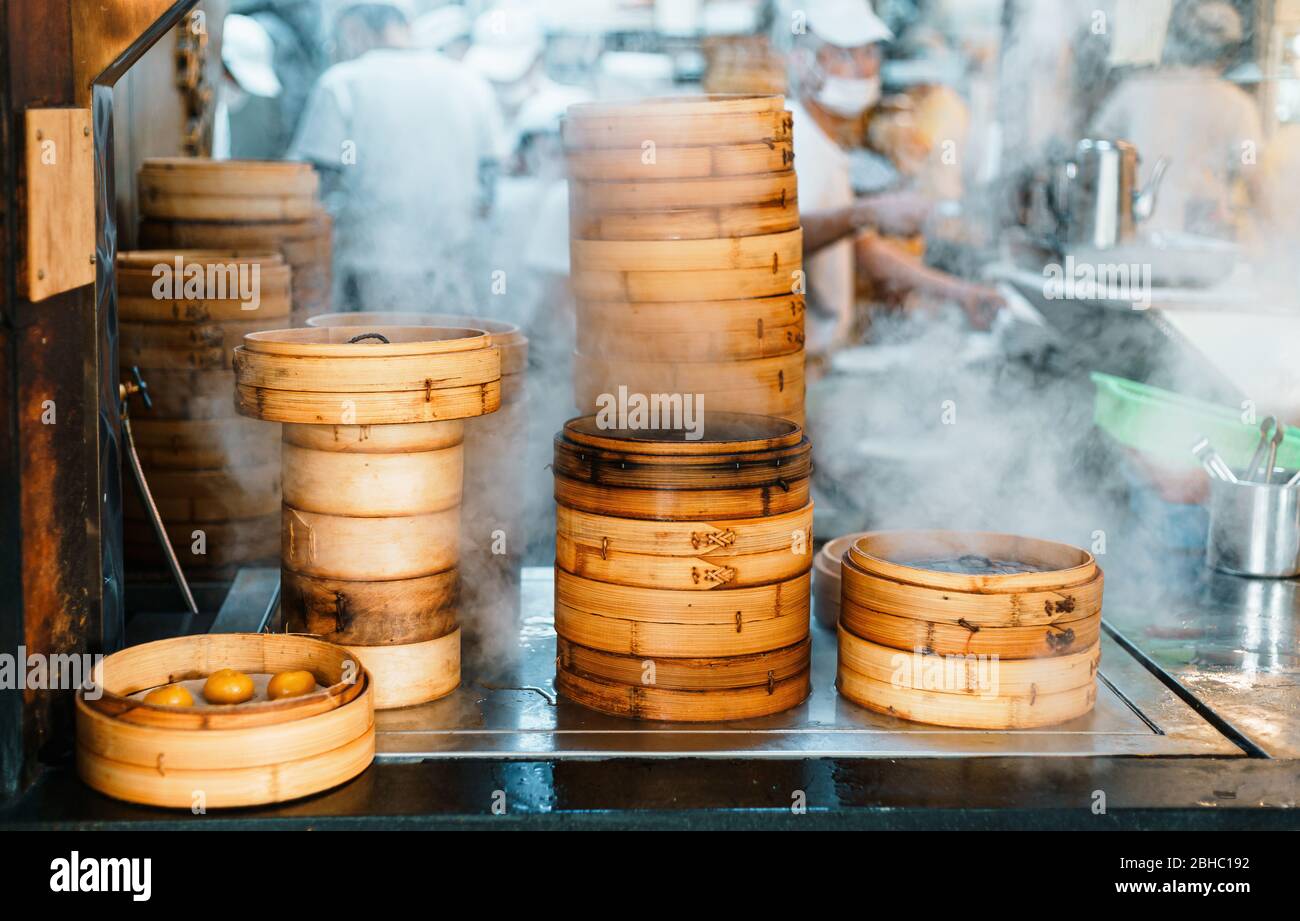Dim sum bamboo steamers close up hires stock photography and images