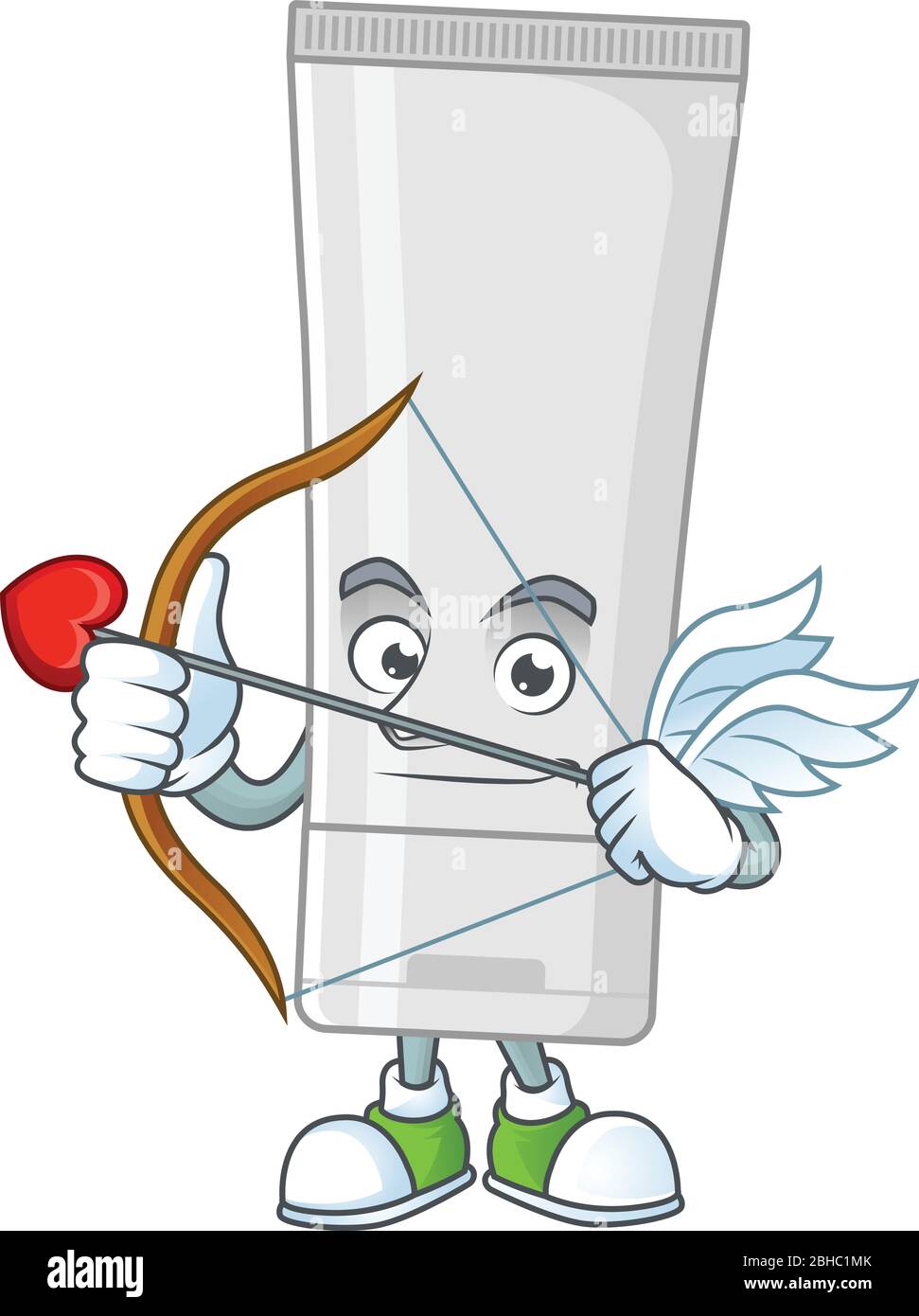 Charming picture of white plastic tube Cupid mascot design concept with arrow and wings Stock Vector