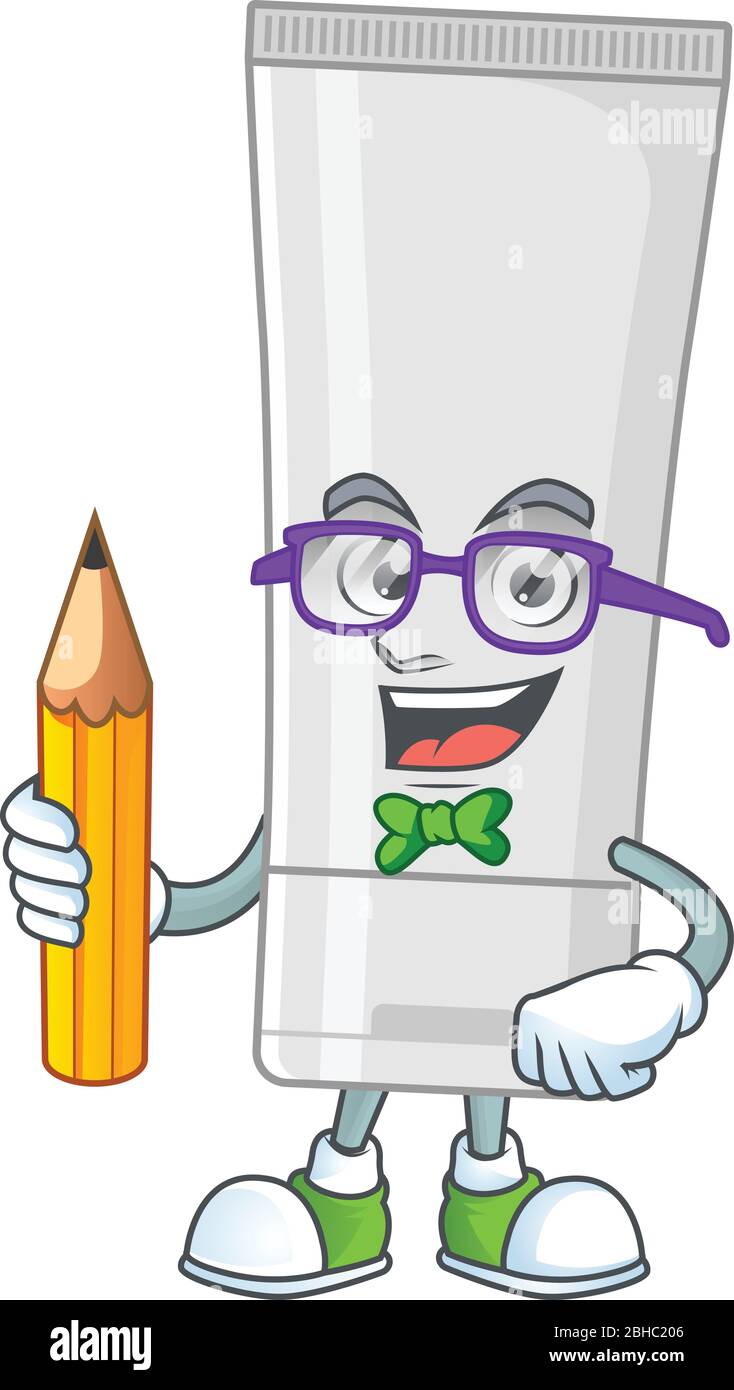 White plastic tube student cartoon character studying with pencil Stock ...