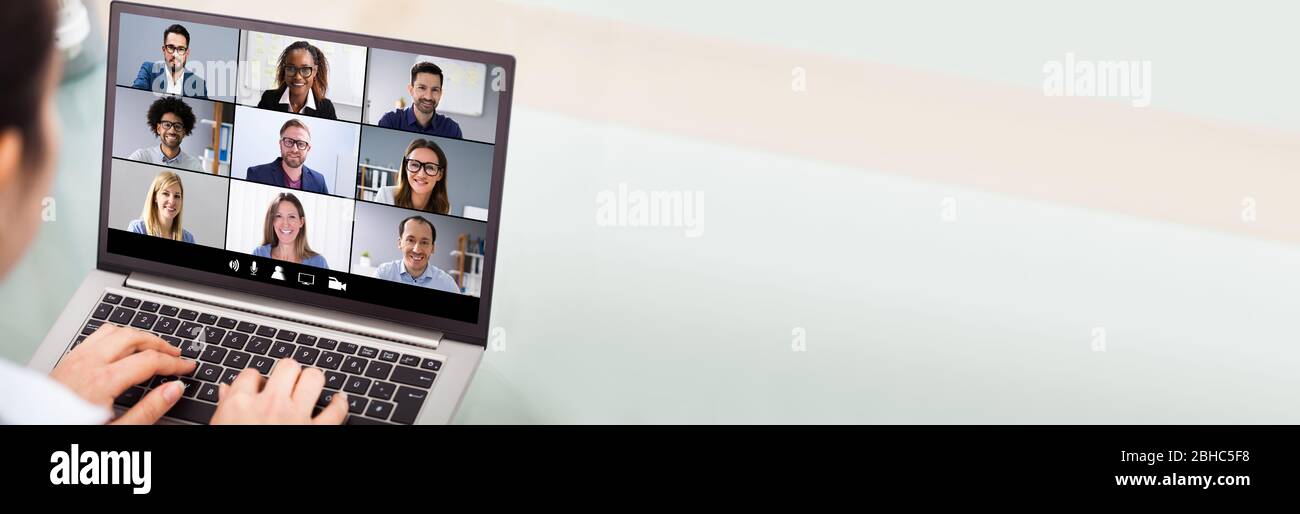 Webinar Video Conferencing On Laptop. Online Meeting Conference Stock Photo