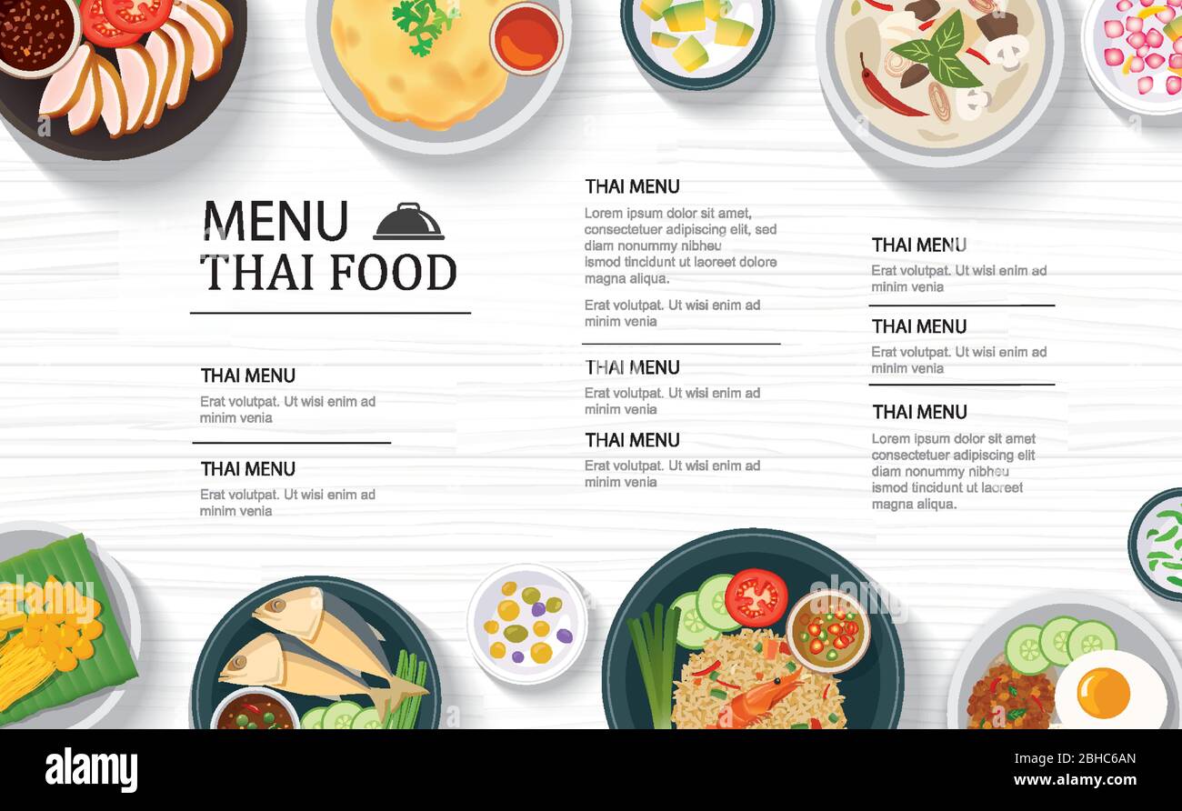 Thai Food Menu Restaurant On A White Wooden Table Top Template 