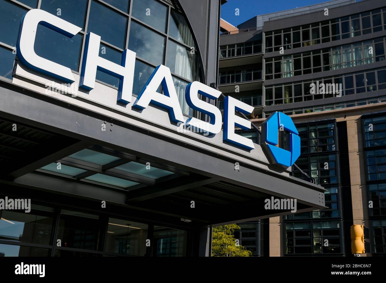 A logo sign outside of a JPMorgan Chase Bank branch in Bethesda, Maryland on April 22, 2020. Stock Photo