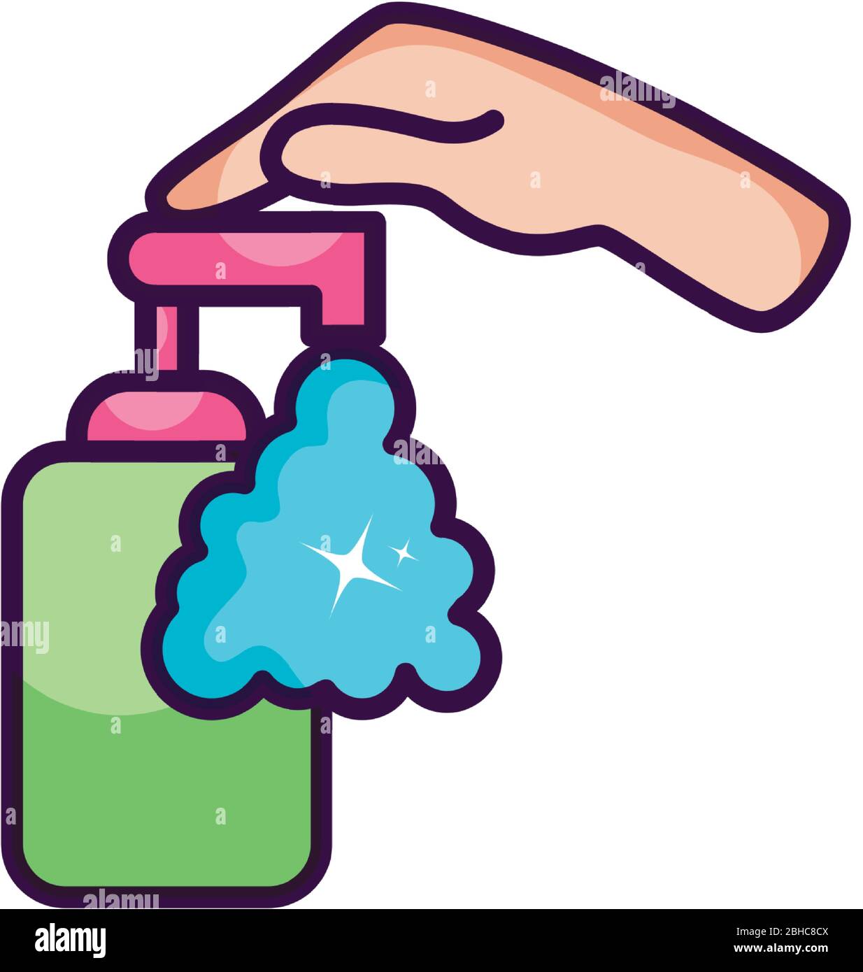 hand pushing a hand soap bottle dispenser icon over white background ...