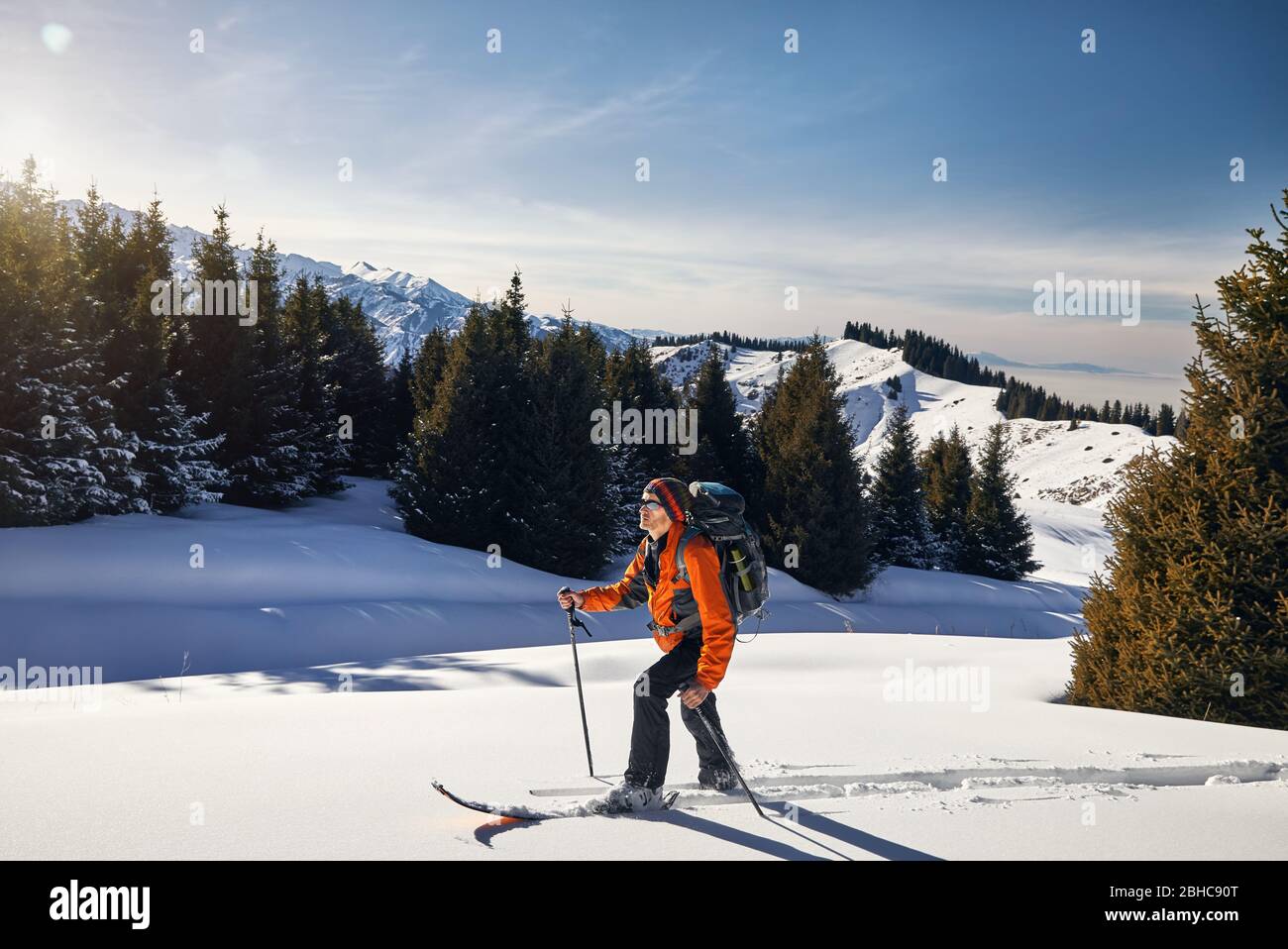 Man skiing on fresh powder snow at forest in the mountains near Almaty, Kazakhstan Stock Photo