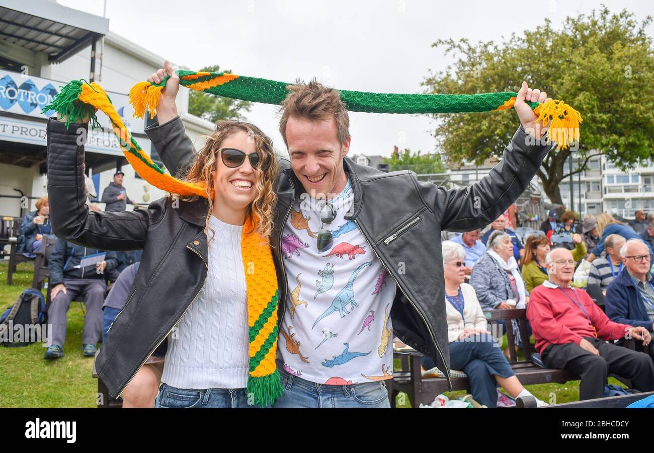 Australian fans at the 50 over cricket tour match between Sussex and Australia at The 1st Central County Ground in Hove. 07 June 2018 Stock Photo