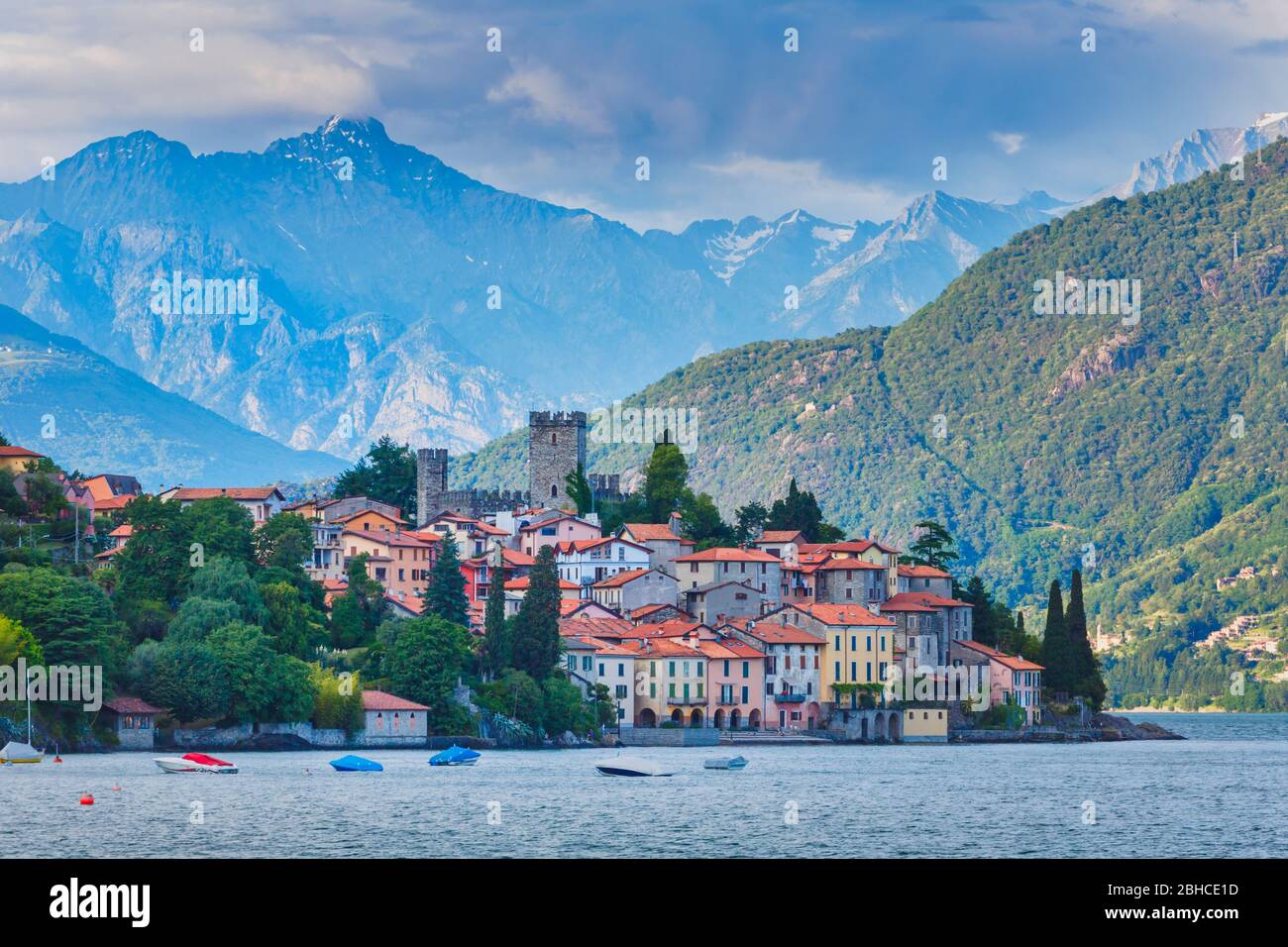 Santa Maria Rezzonico, Lake Como, Como Province, Lombardy, Italy.  The village and the castle. Stock Photo