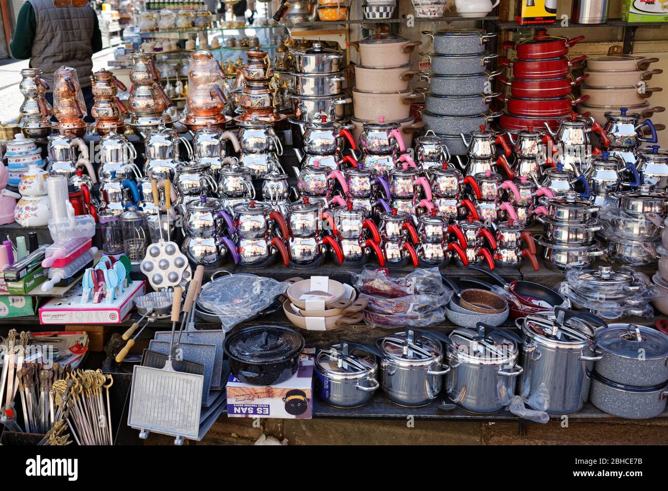 Turkish Double Boiler Tea Kettle Pots, Pressure Cookers, Cooking Pots and kitchen stuff on a street stall in Eminonu Bazaar. Stock Photo