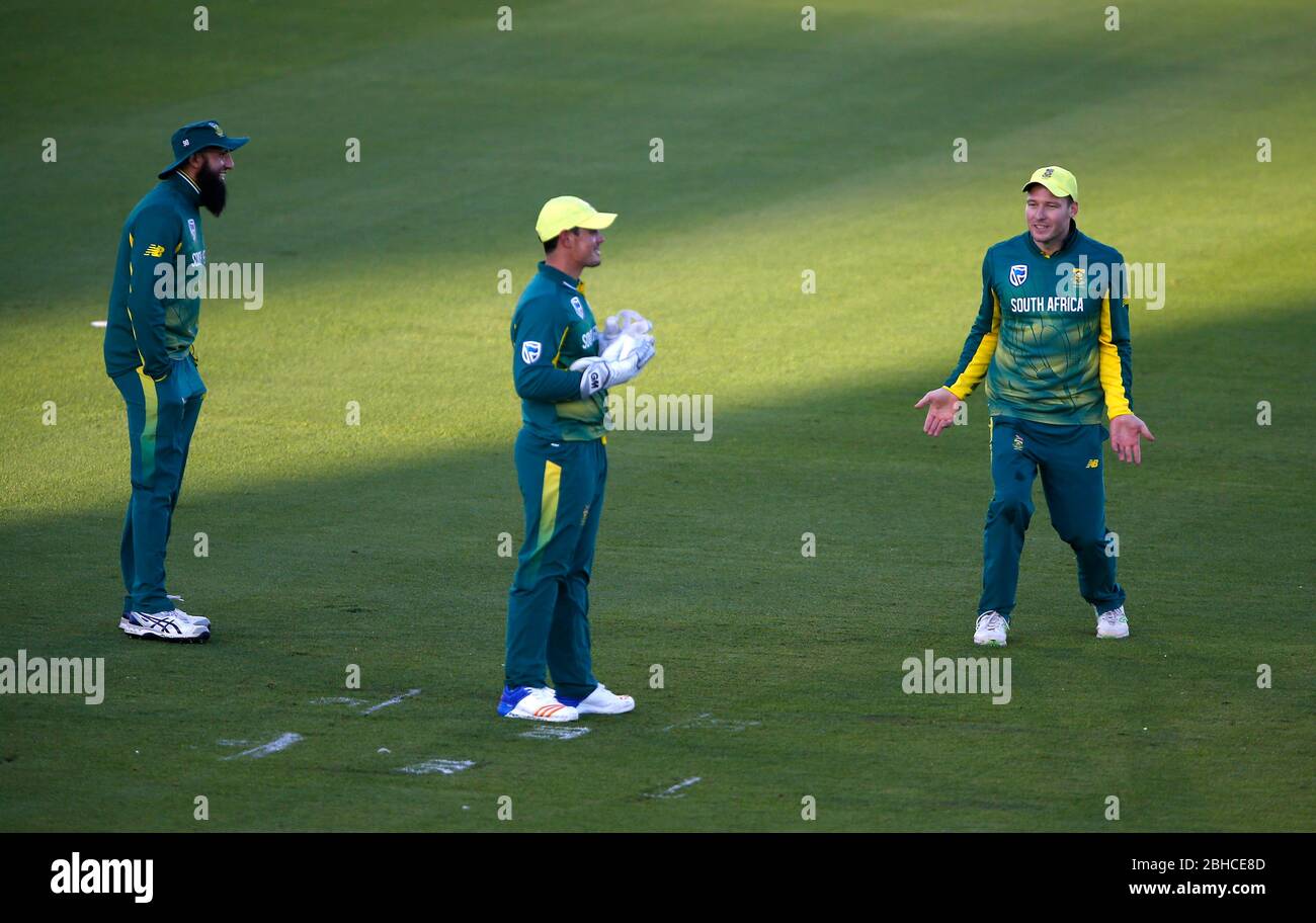 David Miller of South Africa (R) jokes around with team mates Quinton de Kock and Hashim Amla during the Tour Match between Sussex and South Africa at The 1st Central County Ground in Hove. 19 May 2017 Stock Photo