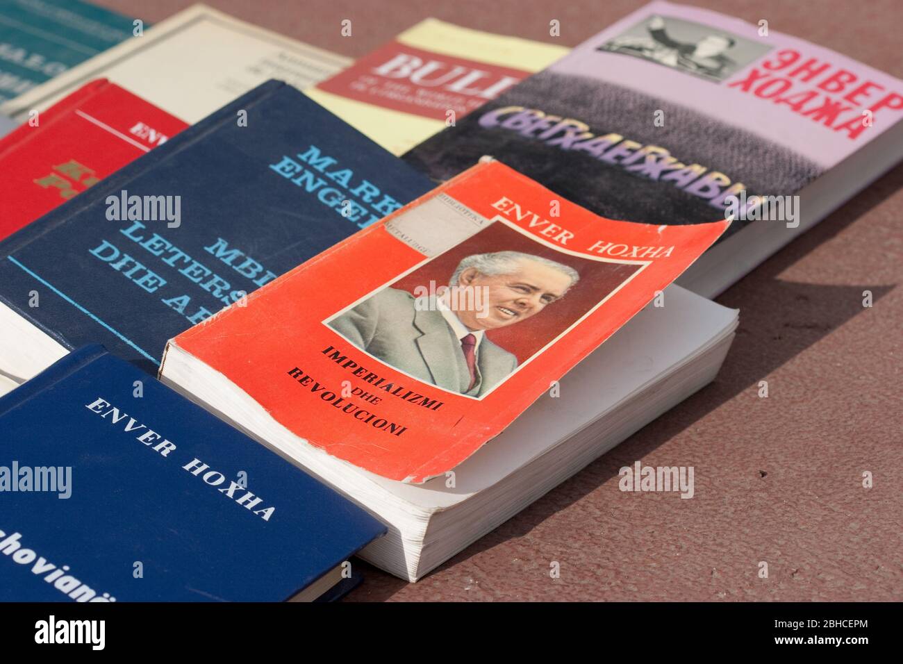 Books of Enver Hoxha at a flea market in Albania Stock Photo