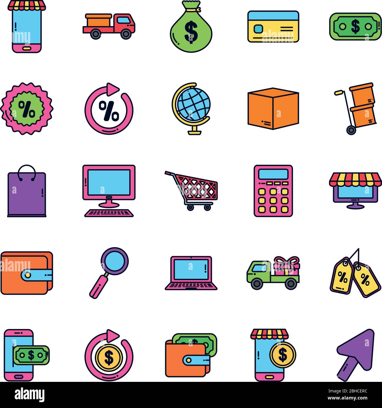 smartphones and ecommerce icon set over white background, color line ...