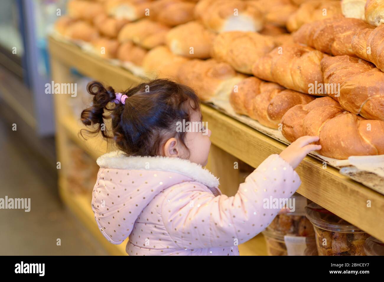 Cute toddler girl in bakery store. Child choosing fresh challah bread
