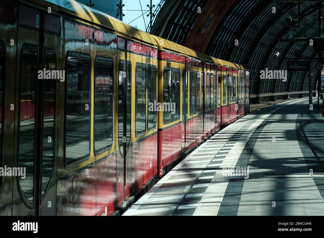 Berlin, Germany - April, 2020:  S-Bahn train  at emtpty  train station (Hauptbahnf) in Berlin Stock Photo