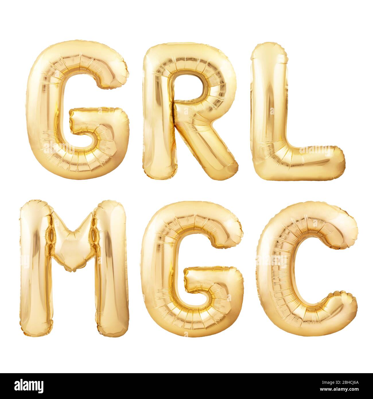 GRL MGC abbreviation for GIRL MAGIC abstract quote made of golden inflatable balloons isolated on white background Stock Photo