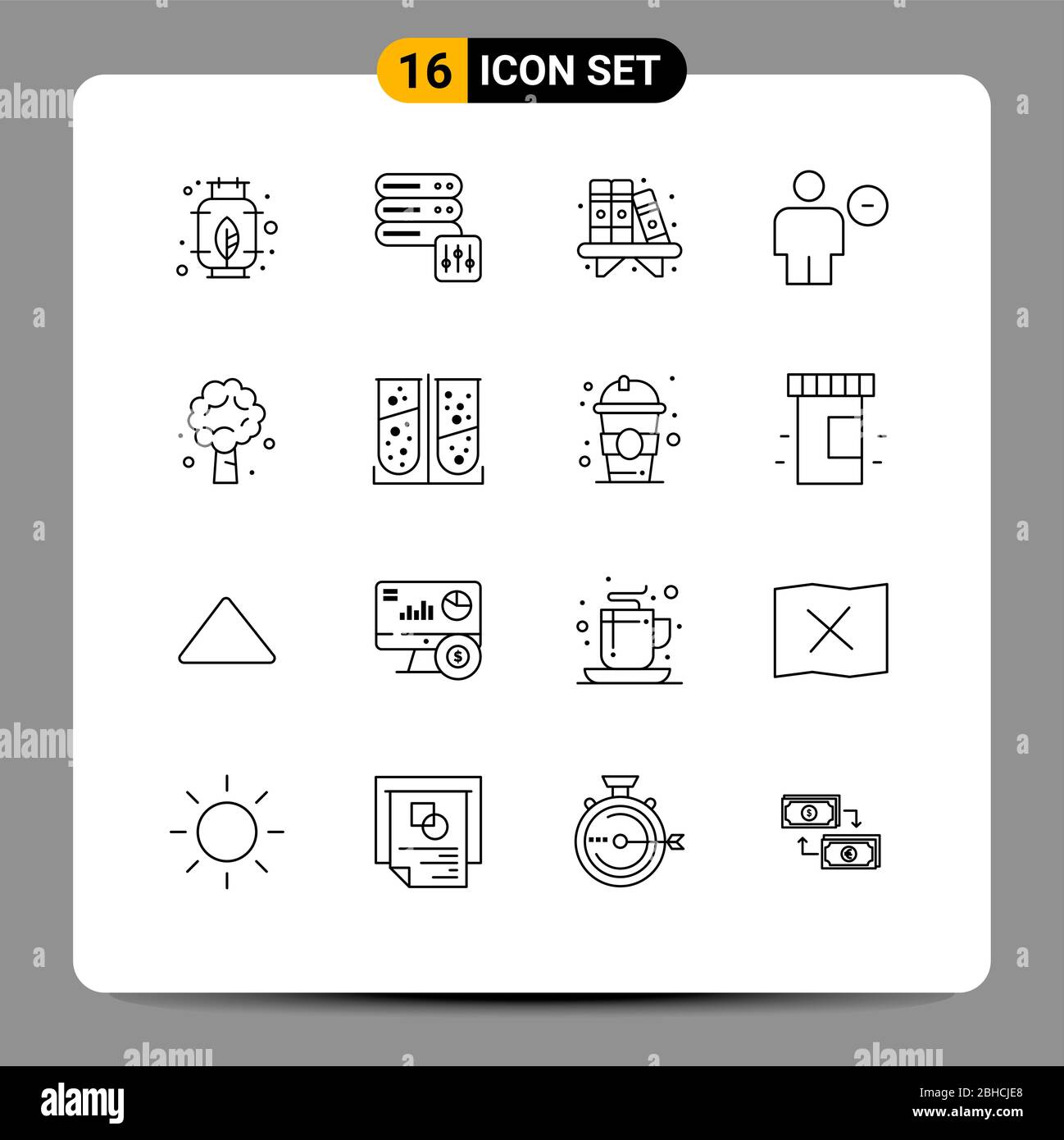 Group of 16 Outlines Signs and Symbols for apple tree, tree, book, minus, delete Editable Vector