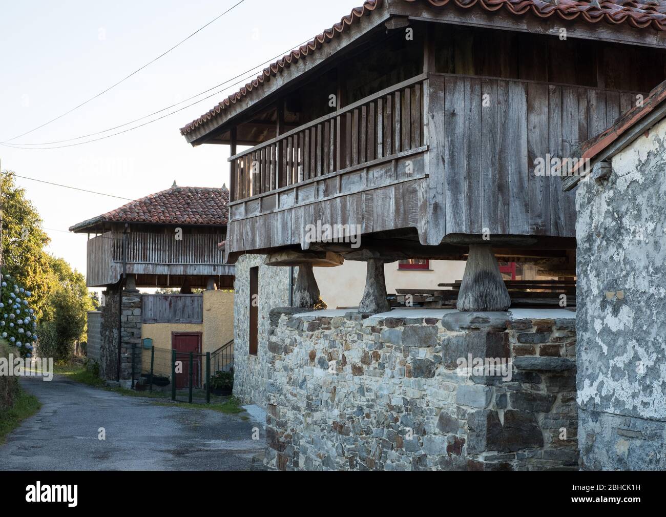Traditional hórreos (granaries) in Villademoros, Asturias, northern Spain Stock Photo