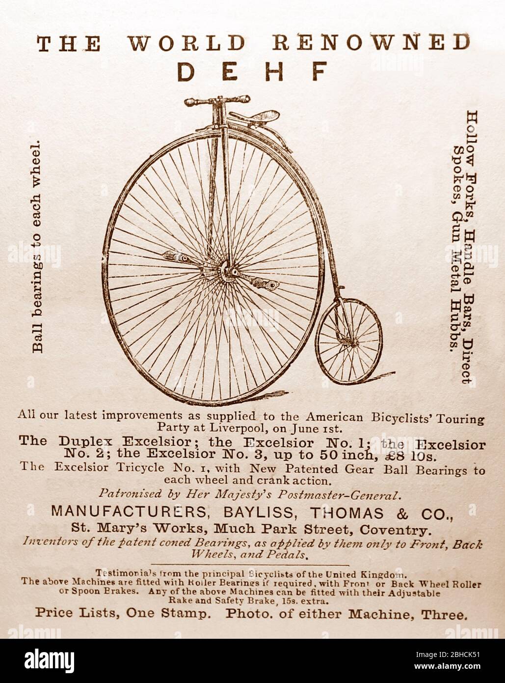 Advertisement for penny farthing bicycle from 1875 Stock Photo