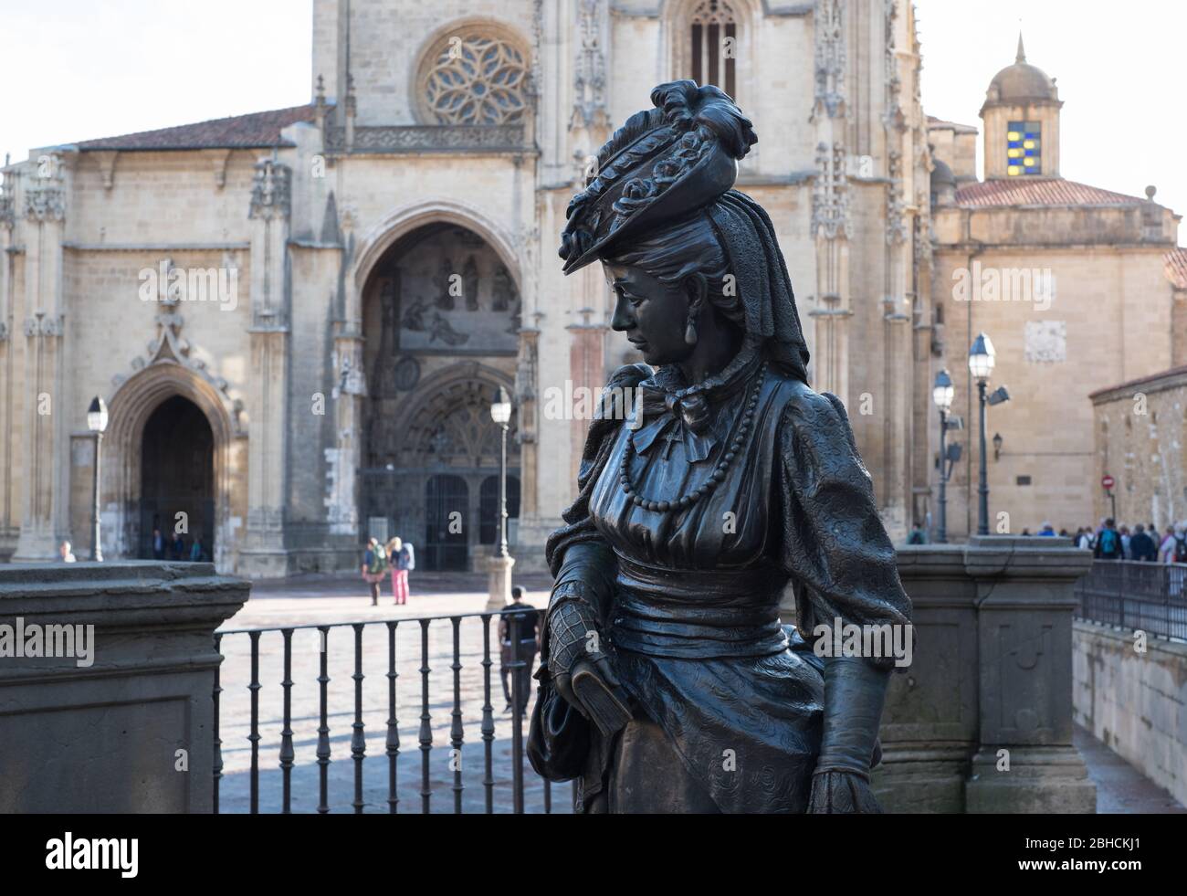 La Regenta statue in Oviedo's cathedral square, created by Mauro Álvarez. Stock Photo