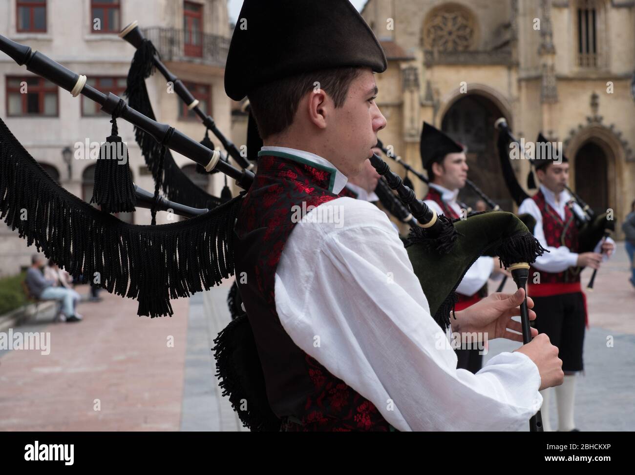 Asturian bagpipe band in traditional dress in Oviedo, Asturias, northern Spain Stock Photo