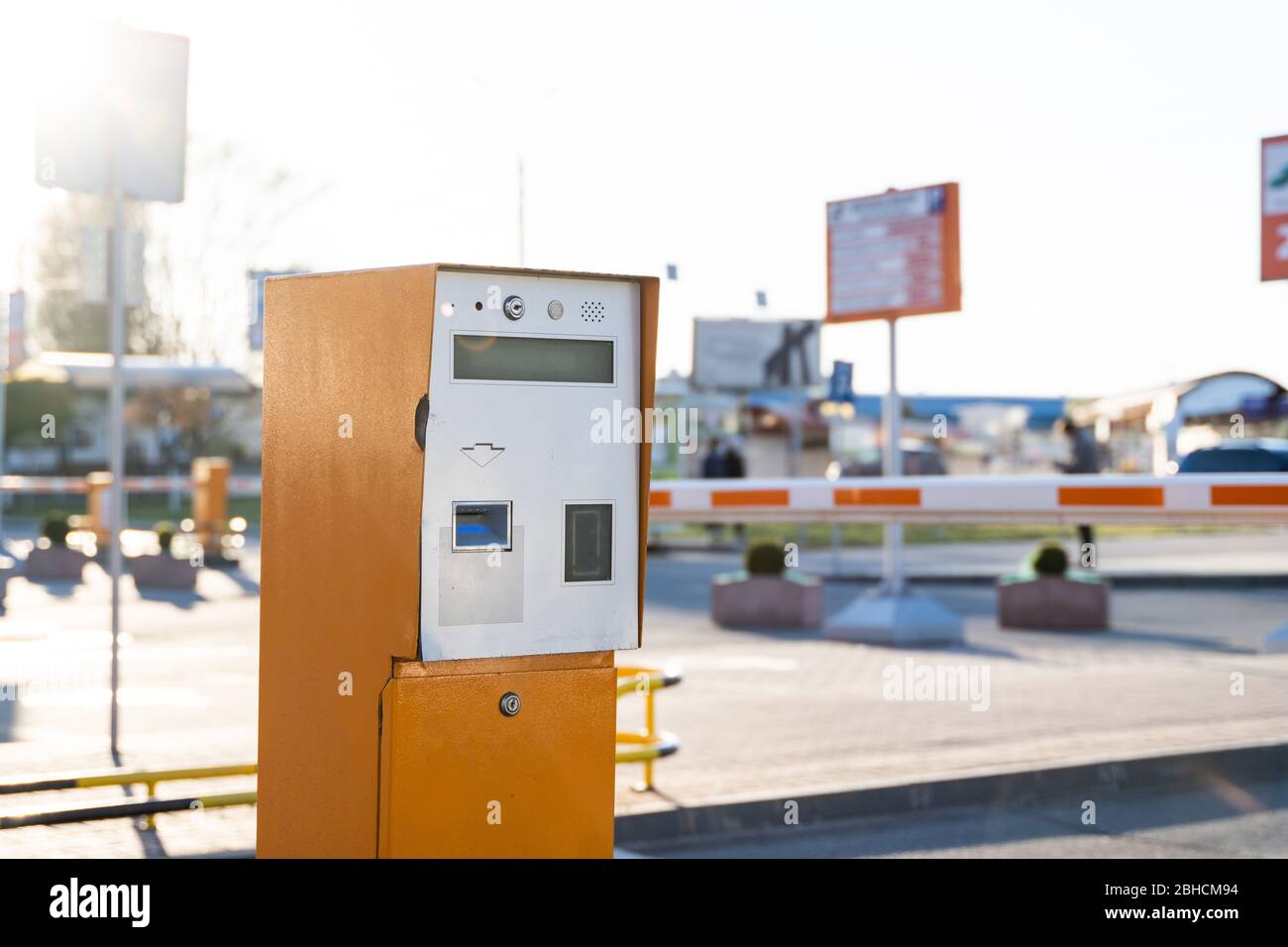 Parking tickets machine on a exit from a parking area Stock Photo - Alamy