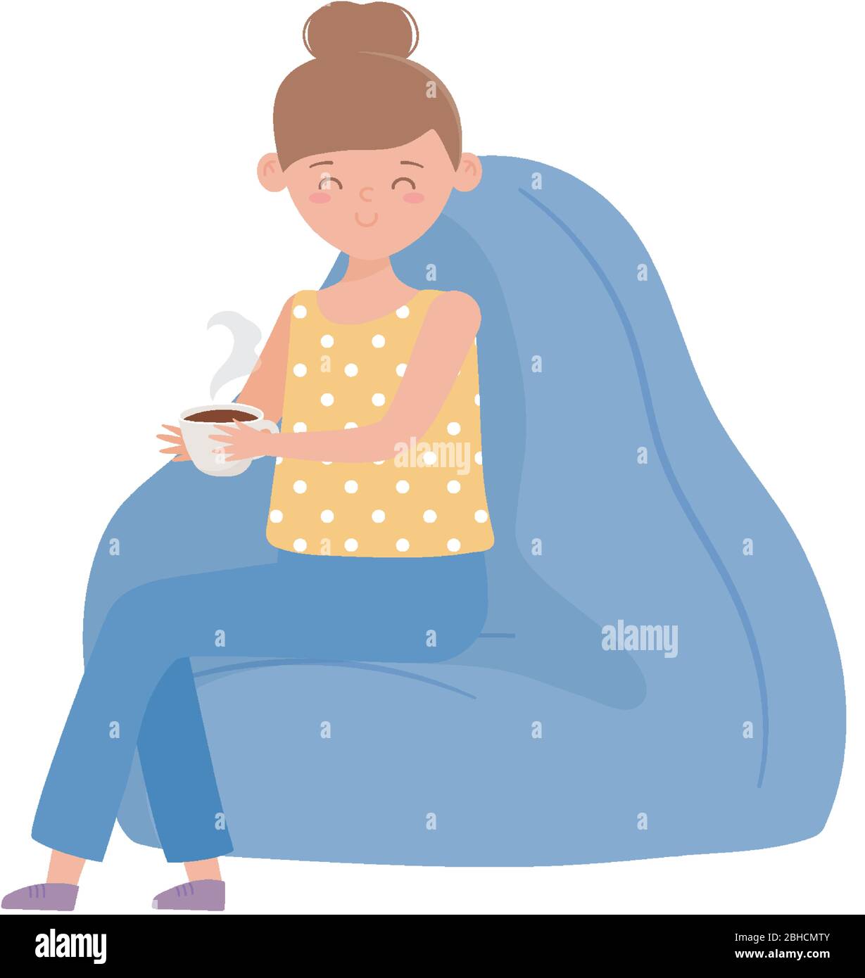 woman with coffee cup sitting on bean chair isolated icon on white ...